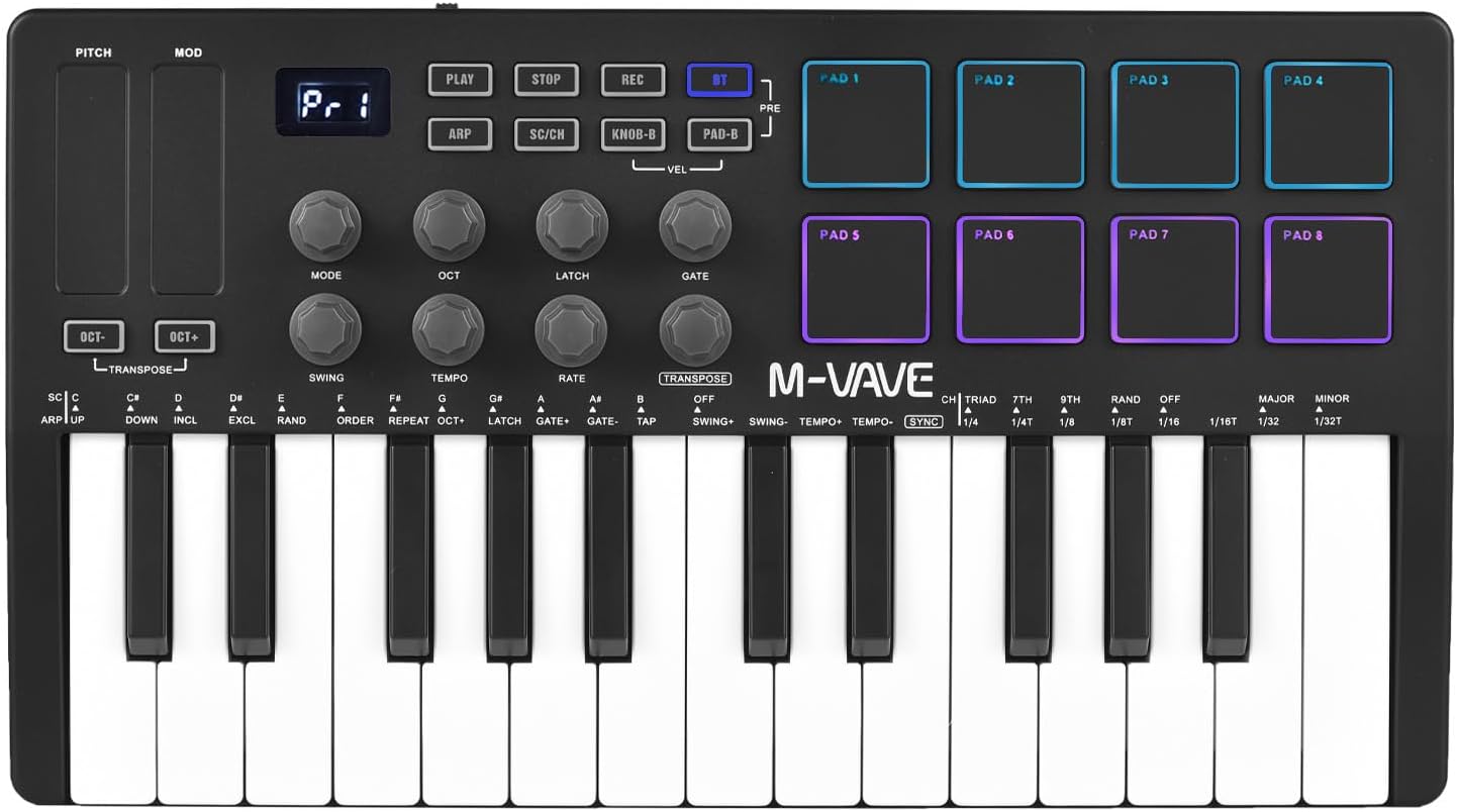 25-Key MIDI Control Keyboard Mini Portable USB Keyboard MIDI Controller with 25 Velocity Sensitive Keys 8 RGB Backlit Pads 8 Knobs