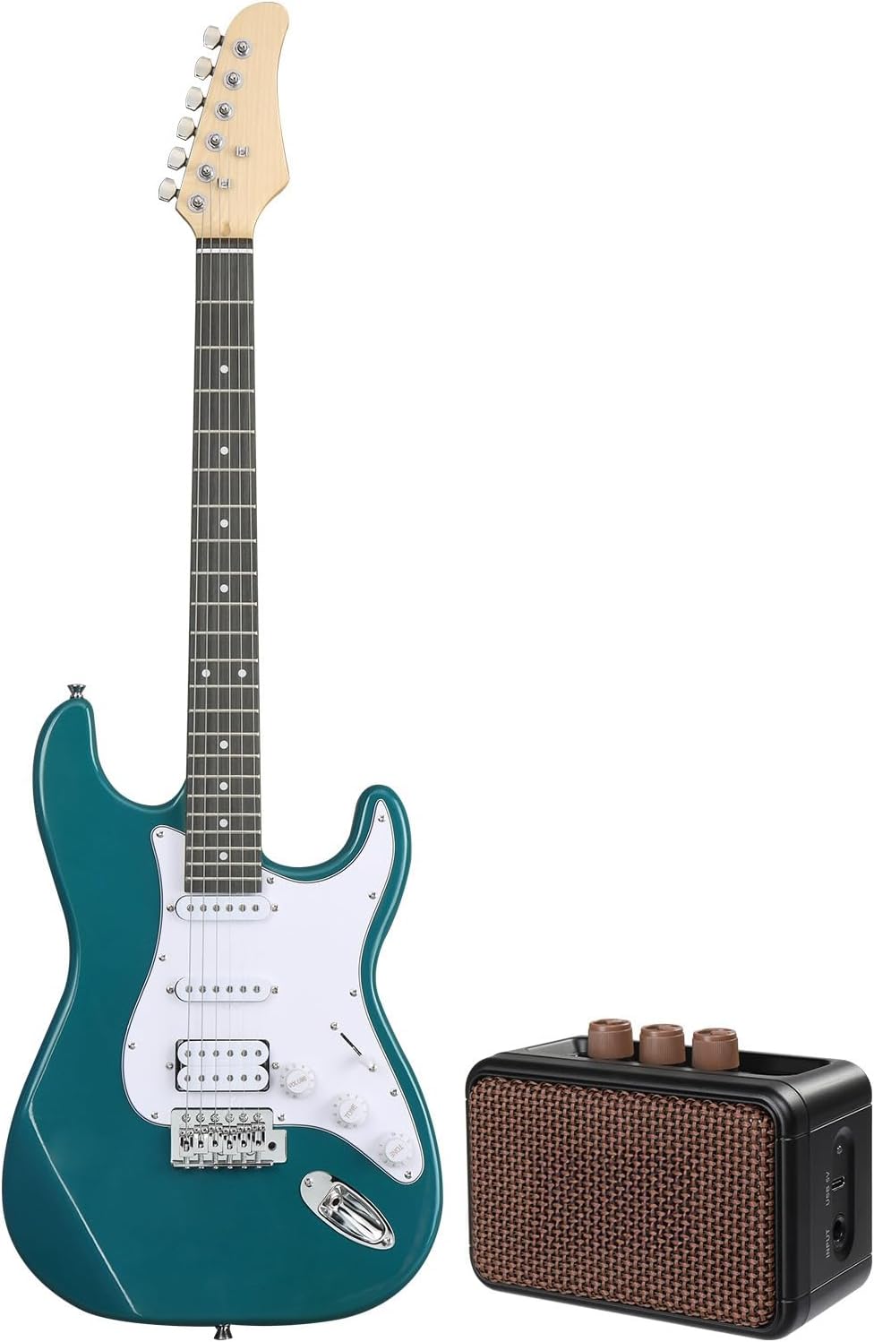 KST Complete Electric Guitar Starter Kit, Lake Blue H-S-S Pickups with 5W Amp, Bag, Strap, Strings - Right Handed for Beginners