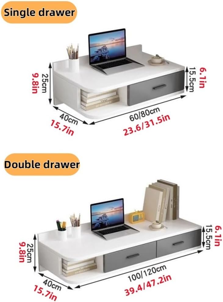 Floating Wall Mount Computer Desk, Wooden Floating Shelf with Drawer, Modern Vanity Desk for Bedroom, Living Room, Office(Gray,23.6x15.7x9.8in)