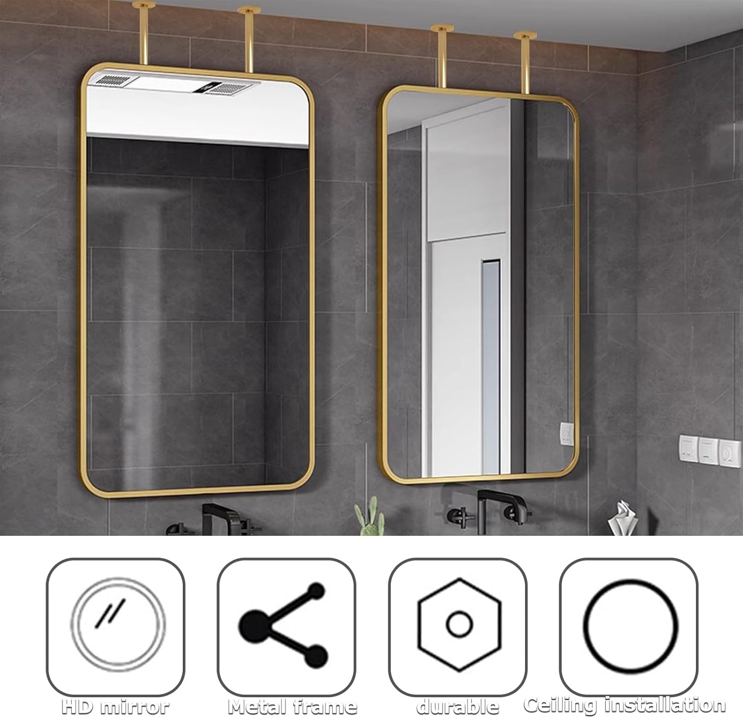 Ceiling Mounted Bathroom Mirror Mount Mirrors Square Mirror For Ceiling Hanging Rod Corner Mirror Wall Mount Pivot Big Decor Ceil Metal Pole Ceiling Suspended Mirror For Bedroom Entryway Bathrooms(Mir