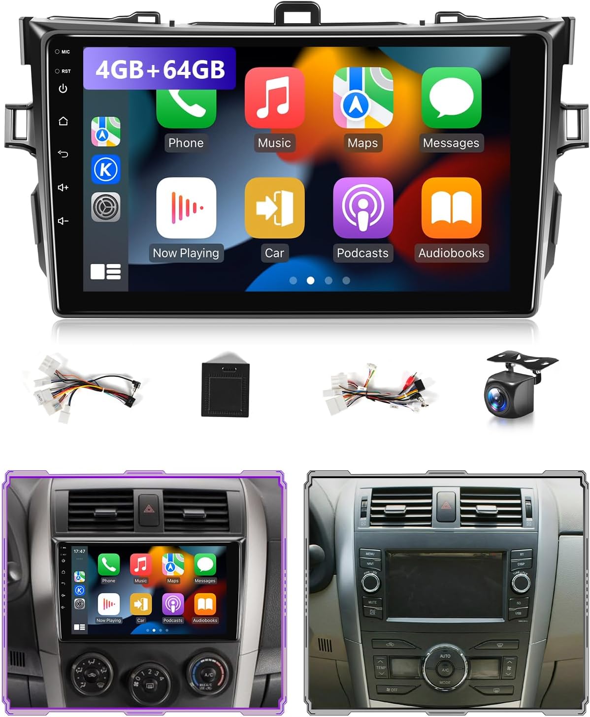 4G+64G Android Car Stereo for Toyota Corolla 2008 2009 2010 2011 2012 2013 Radio Apple CarPlay Support Wireless Android Auto,9