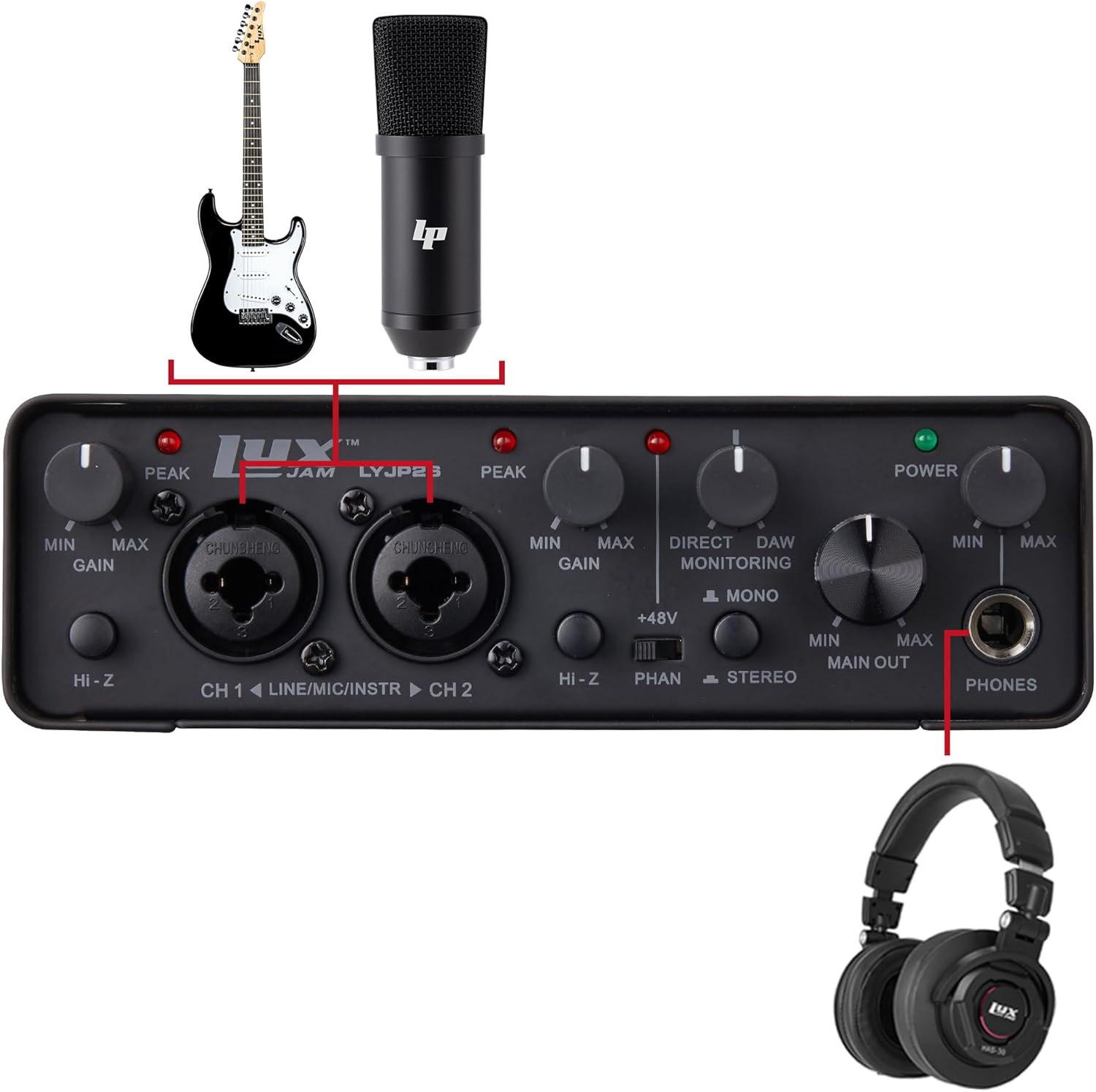 2×2 USB Audio Interface Recording Bundle w, Cardioid Condenser Mic, Studio Headphones, Shockmount, XLR Cable, Waveform OEM Software, 24-bit/192 kHz Music, Podcast, Voiceover & Streaming Kit