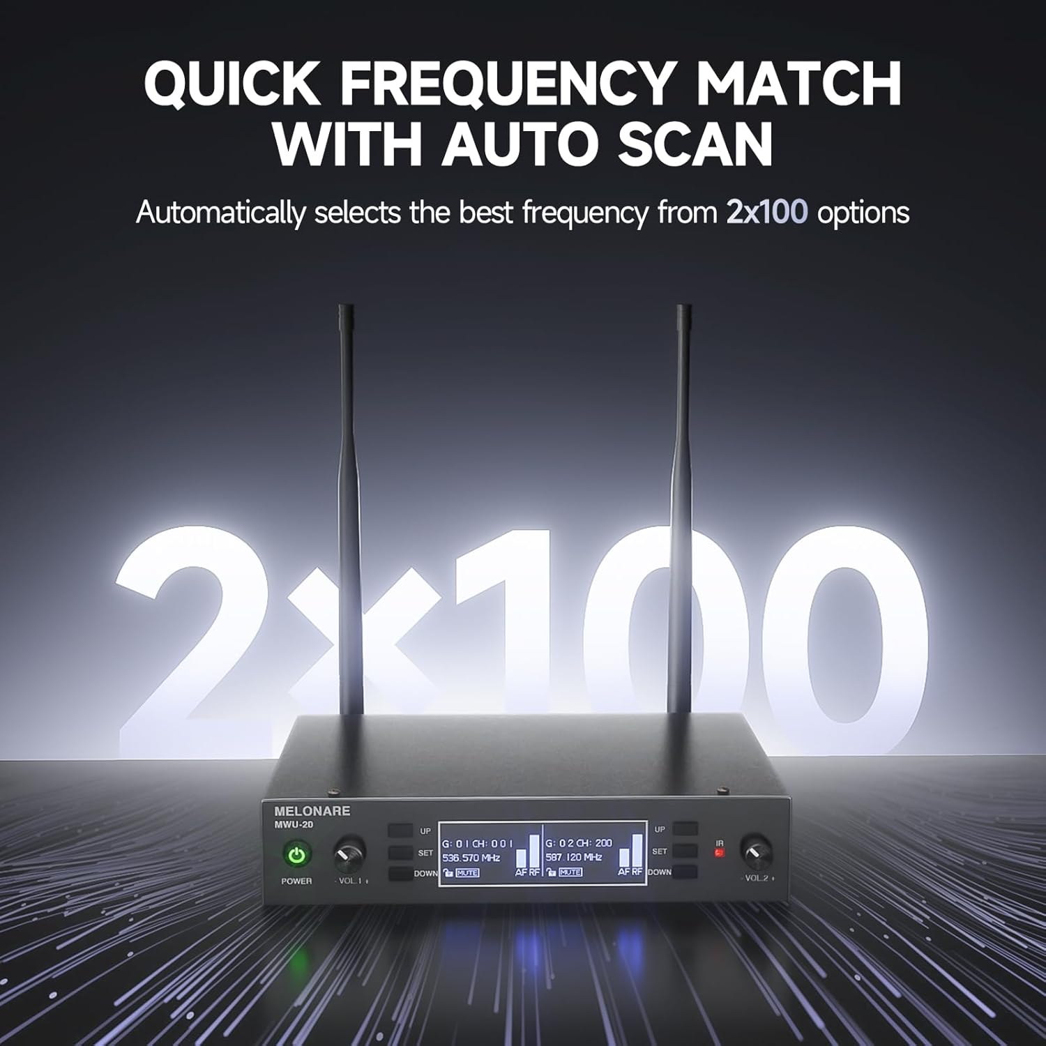 Dual Channel Wireless Microphone System, MELONARE Auto-Scan Professional Cordless Dynamic Mic Set, 260ft Range, 2x100 UHF Metal Wireless Mic for Singing, Karaoke, Church, Wedding, DJ (MWU-20-2H)