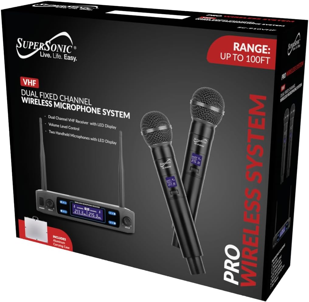 Supersonic SC-910VHF VHF Dual Channel Wireless Microphone with Dual Handheld Transmitters, LED Status Indicator, Long Battery Life for Singing Karaoke, Dj Party, Home KTV Set