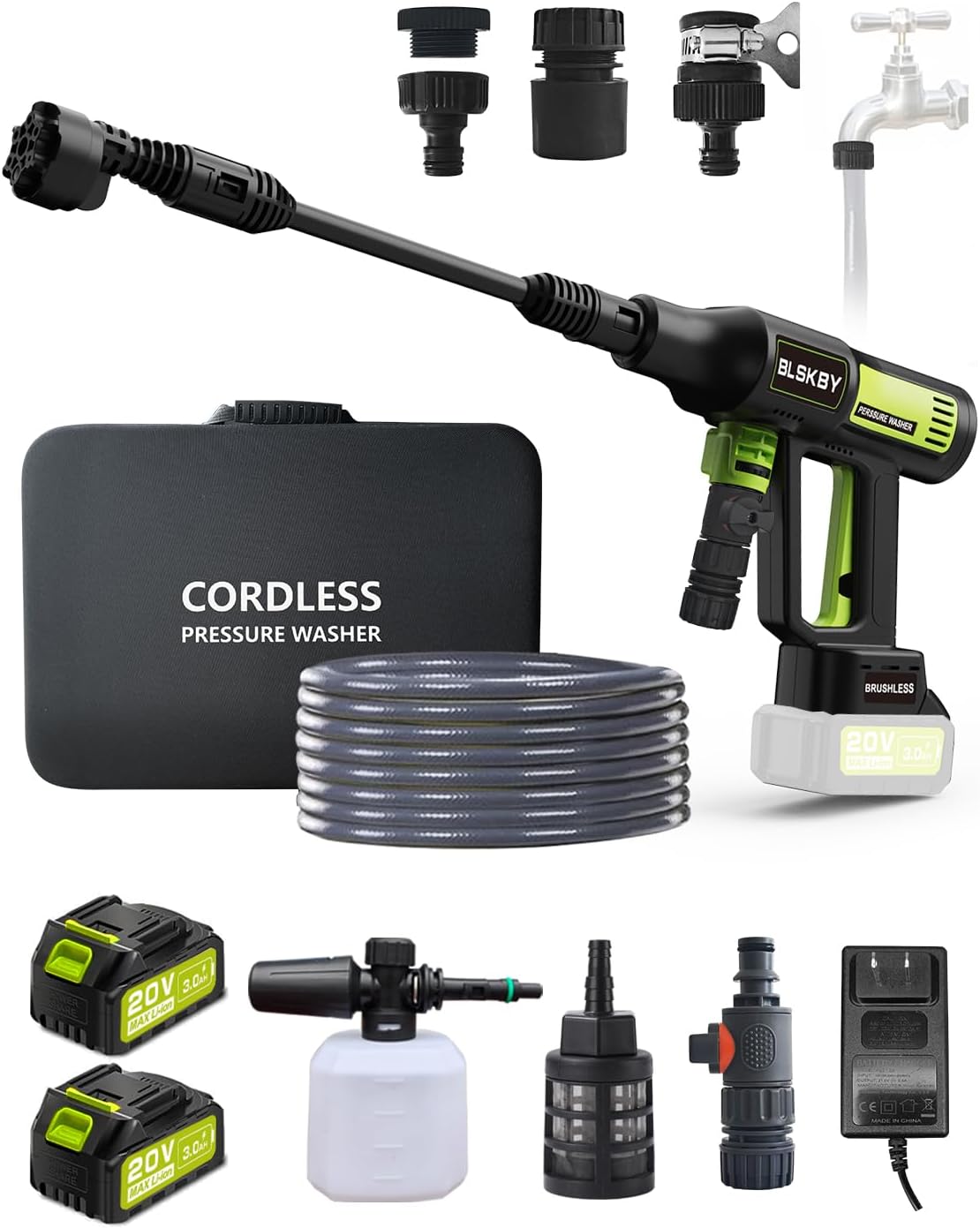 Portable Cordless Pressure Washer with Faucet Adapter - 2 Pack Batteries 1200PSI Cordless Power Washer Battery Operated with 6-in-1 Nozzle, Adjustable Foam Cannon LCD Touch Screen for Car Garden