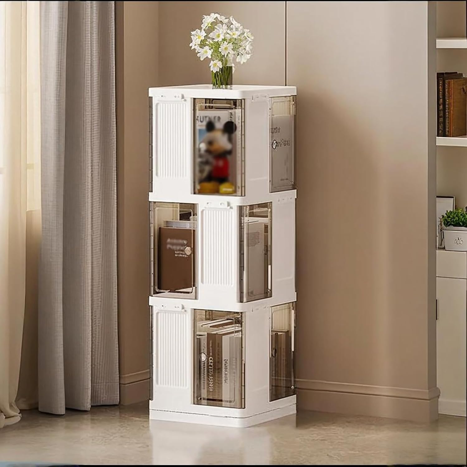 Square Rotating Bookshelf Tower, 360 Spinning Display Corner Bookcase, Modern 2/3/4-Tier Revolving Storage Shelf, Freestanding Organizer for Narrow Space(108cm/42.5in)