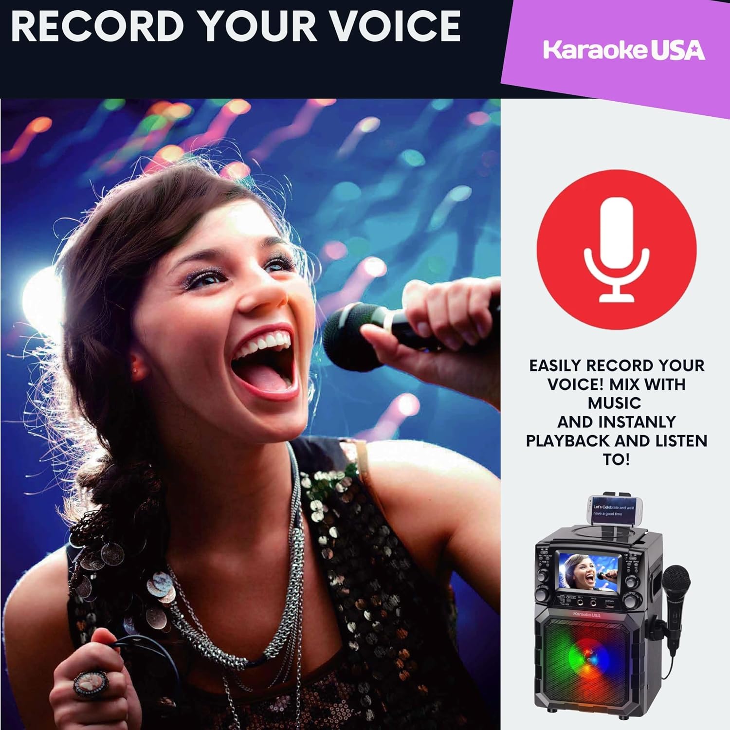 Karaoke USA Portable Karaoke Machine with 4.3” Color TFT Screen, Bluetooth, Recording Function, PA and Built-in Battery (GQ450)