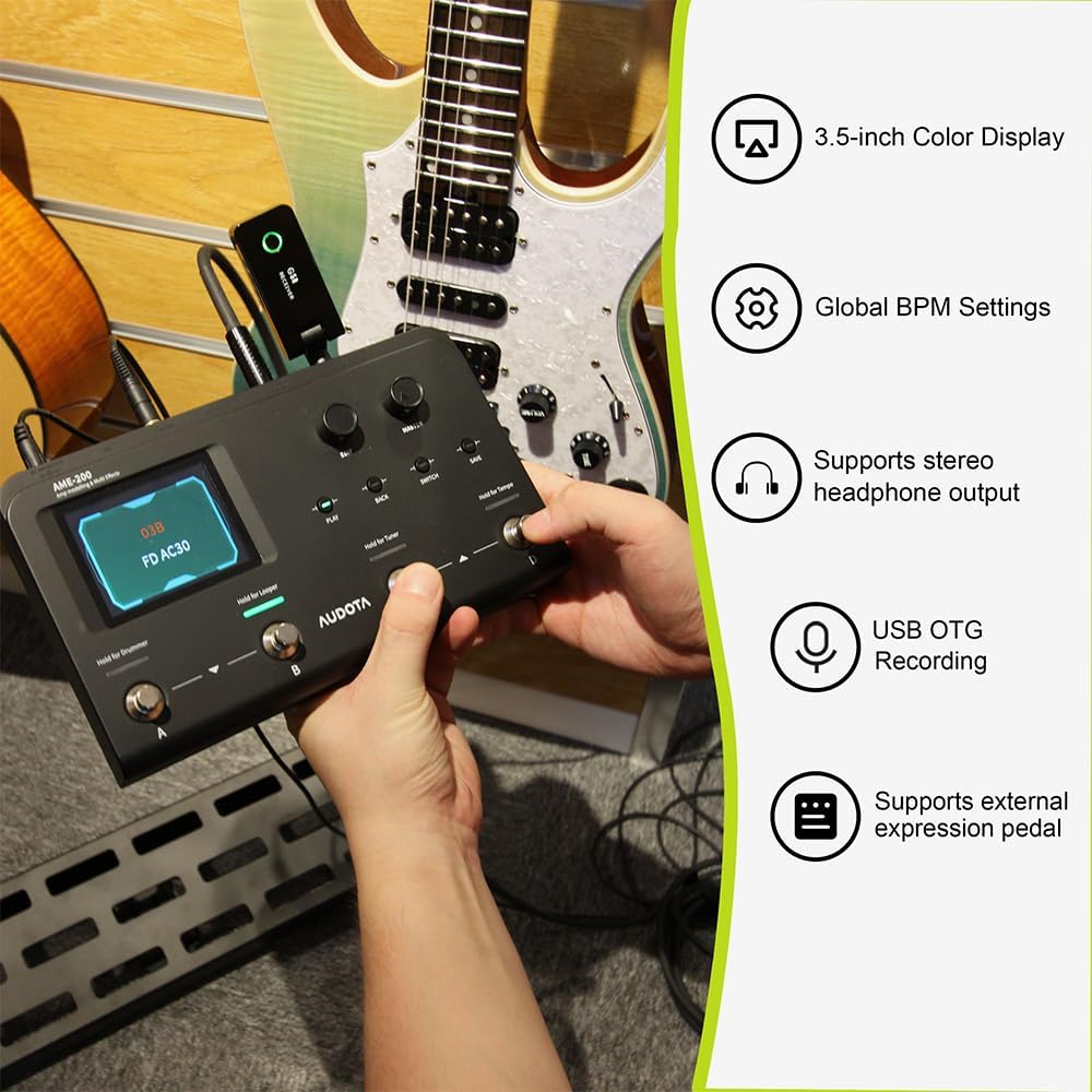 AME-200 Guitar Multi Effects Processor with Amp Modelling, Reverb, Delay, Looper, Drum Machine, 4 Footswitches, Expression Pedal, USB OTG Recording, MNRS GNR & GIR Loader