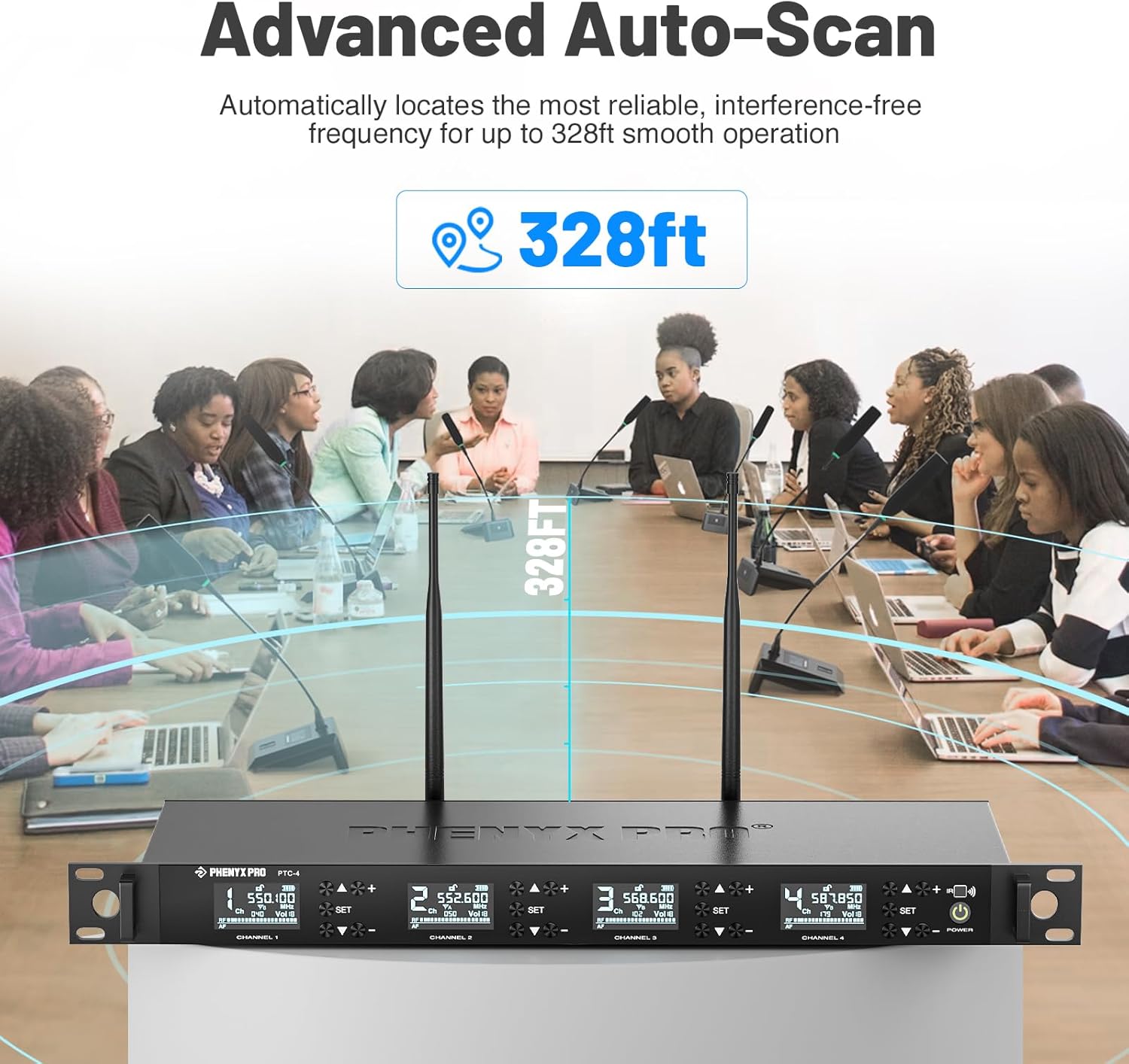 Phenyx Pro Wireless Conference Microphone System, Quad Channel Wireless Podium Microphone, 4x50 UHF Frequencies, Auto Scan, 4 Gooseneck Mics for Lecture, Church, Conference, Public Speaking (PTC-4)