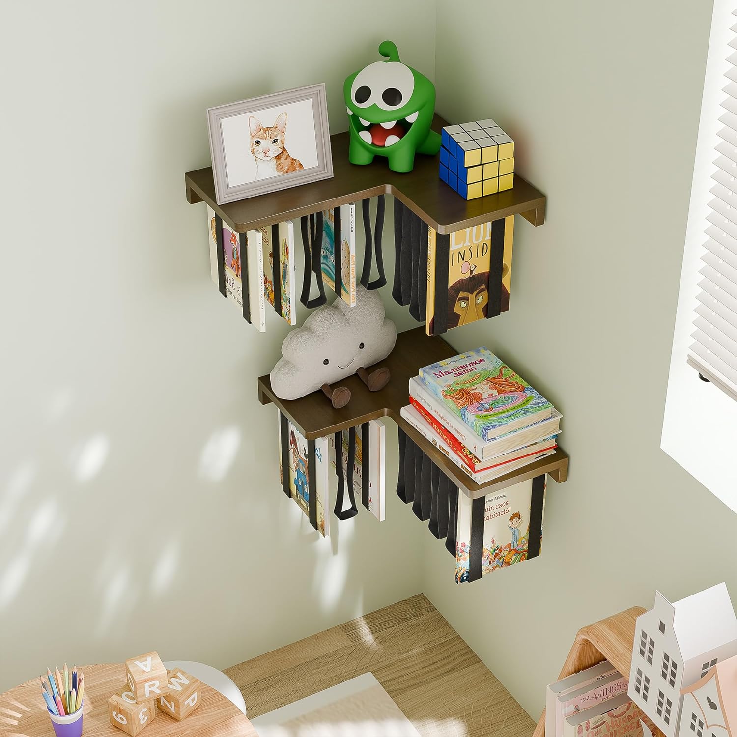 Floating Bookshelves for Wall Set of 2 - Corner Floating Shelves for Books, Rubberwood Wall Mount Bookshelf, Unique Wall Bookshelf with Elastic Strap,Hanging Bookshelves for Wall-Walnut Color