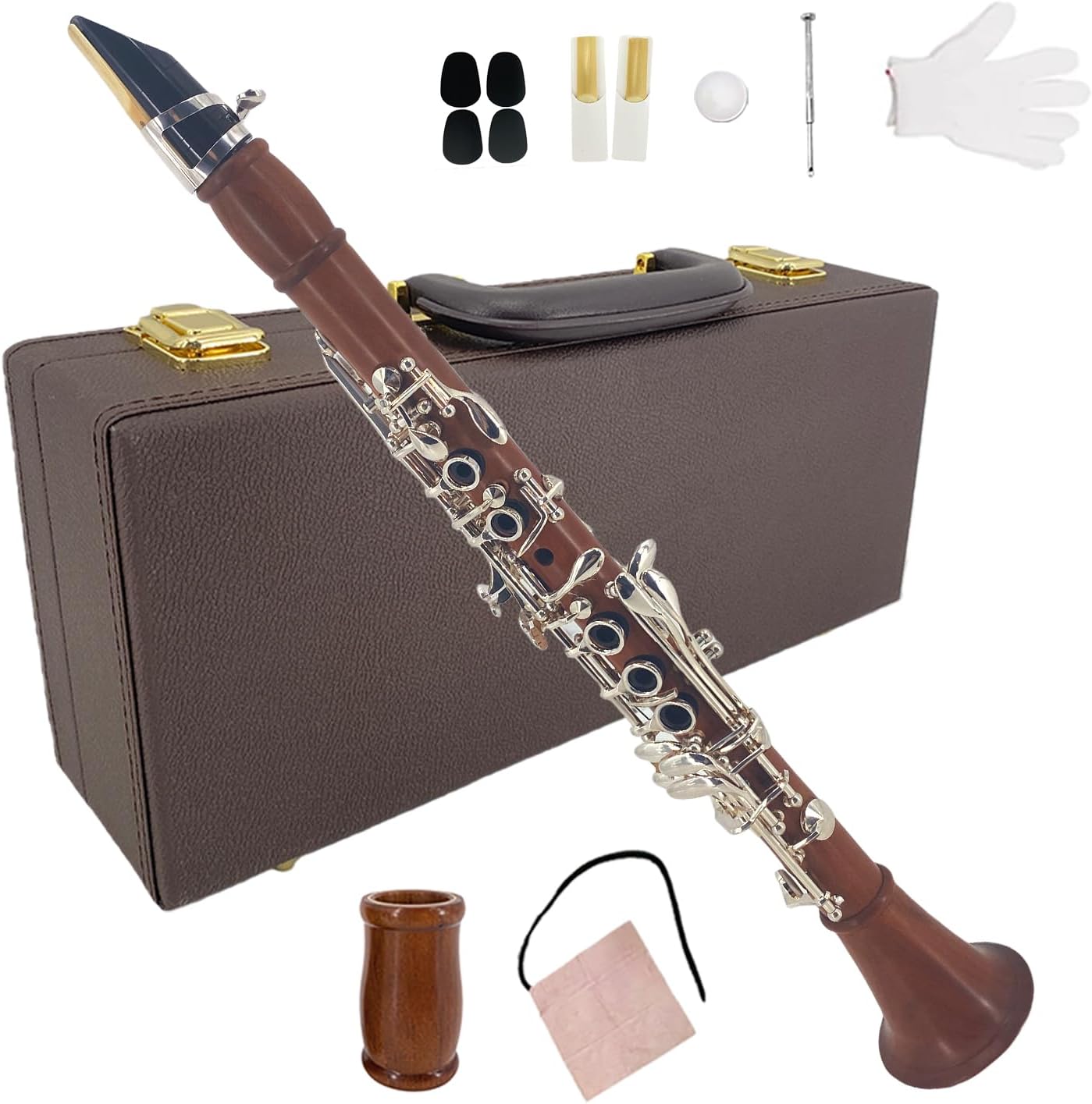 Professional E Flat Clarinet, Nickel Plated Keys Eb Clarinet For Beginner With 2 Barrels, White Gloves, Hard Case, Cleaning Kit
