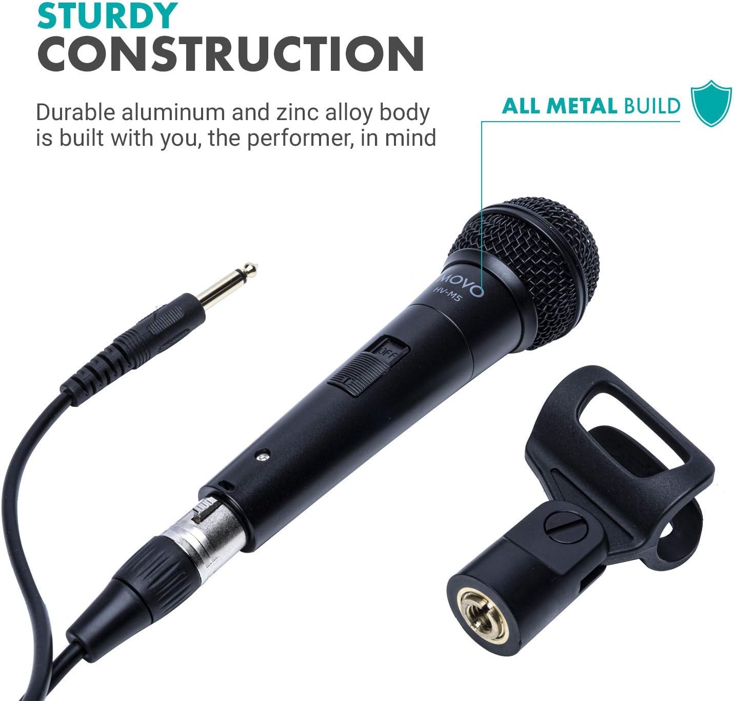 Movo HV-M5 Dynamic Cardioid Vocal Microphone with Internal Shockmount and Windscreen - XLR Compatible Dynamic Mic with 6.35mm Adapter - Professional Microphone for Singing and Recording