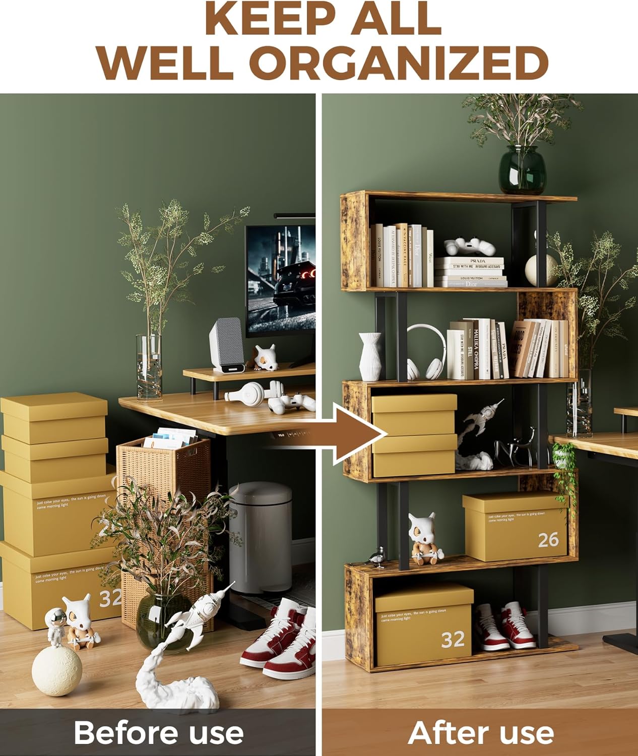 Gadroad 5-Tier Geometric Bookcase,S Shaped Bookshelf, Wood Decorative Storage Shelving, Modern Freestanding Display Shelves, Tall Book Shelf Unit for Living Room Bedroom, Rustic Brown