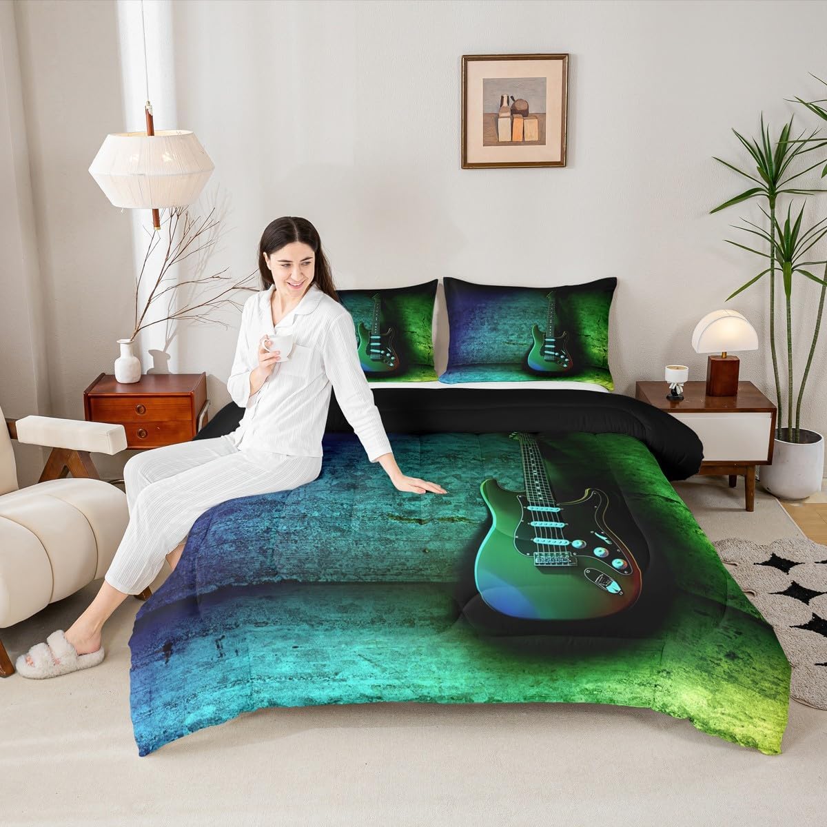 Castle Fairy Guitar Bass Comforter Sets for Kids Adults,Rock Music Instrument 3D Pattern Bedding Sets,Modern Pop Music Comforter 3 Pcs with 2 Pillowcases,Neon Blue Green Duvet Insert,King Size