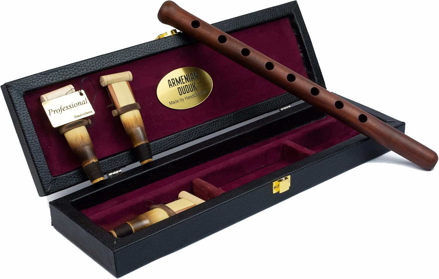 HandCraftoria Professional Armenian DUDUK instrument from apricot wood, wooden case covered with leather, 1 professional reed and 2 standard, Flute Oboe Balaban Woodwind (Key A)