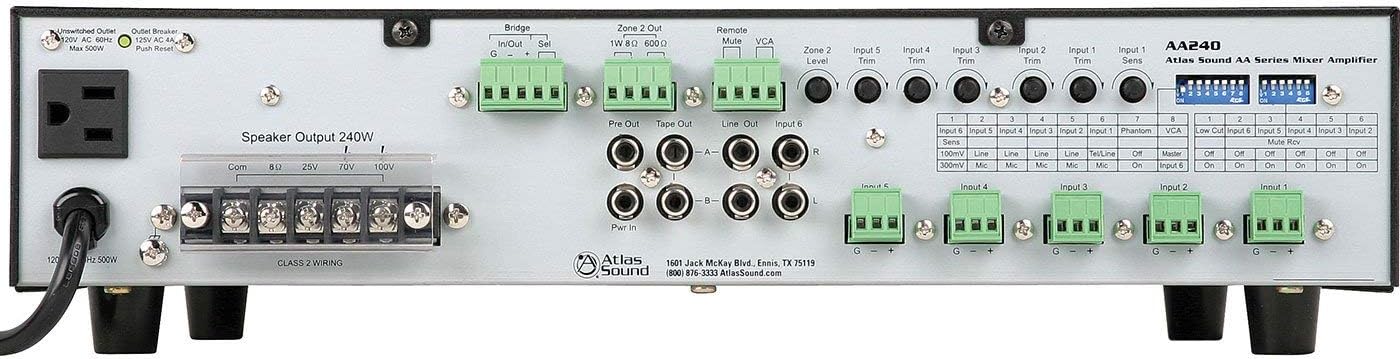 Atlas Sound AA240 Mixer Amplifier 240 Watt 6 Channel Bridge IN OUT Circuit 5 Mic Line Input