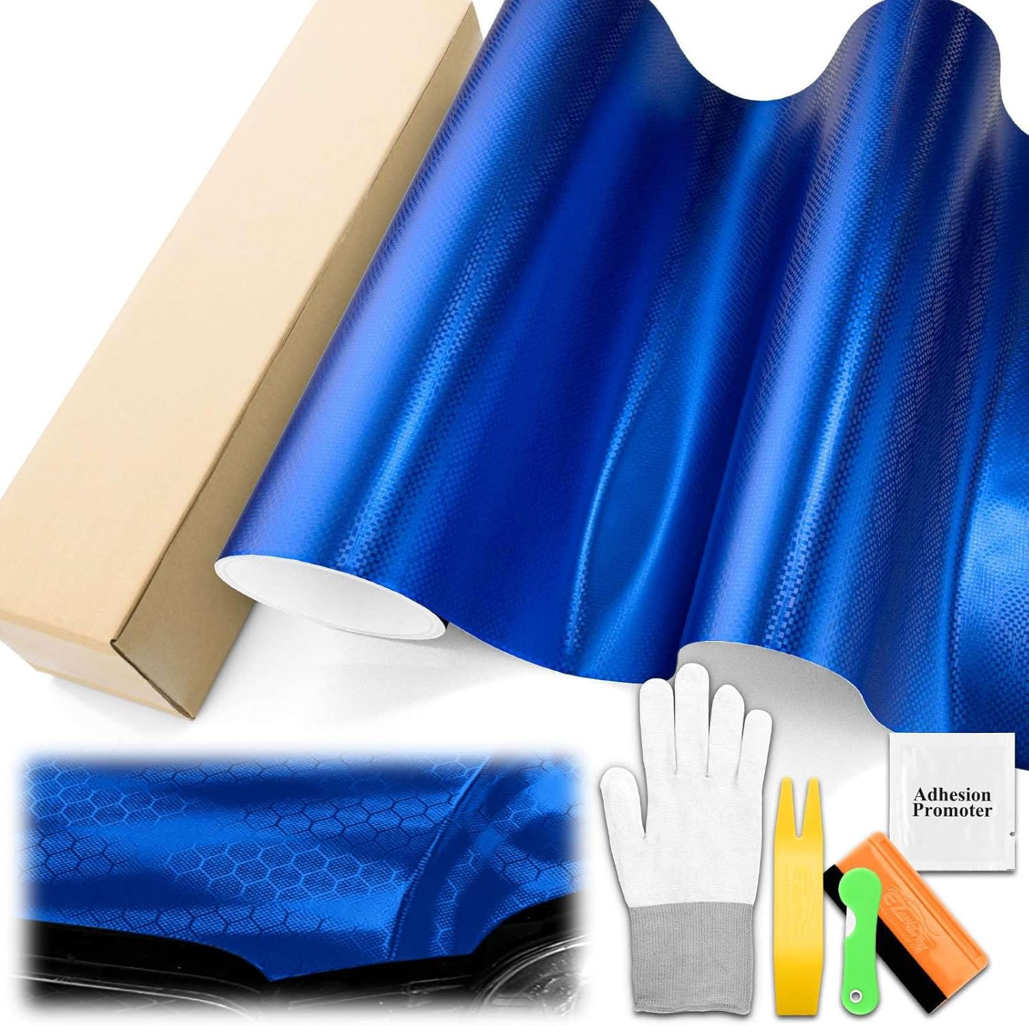 5FTx60FT Honeycomb Carbon Fiber Satin Royal Blue Vinyl Wrap Auto Car Sticker Decal Film Sheet Bubble Free Air Release Technology with Tool Set