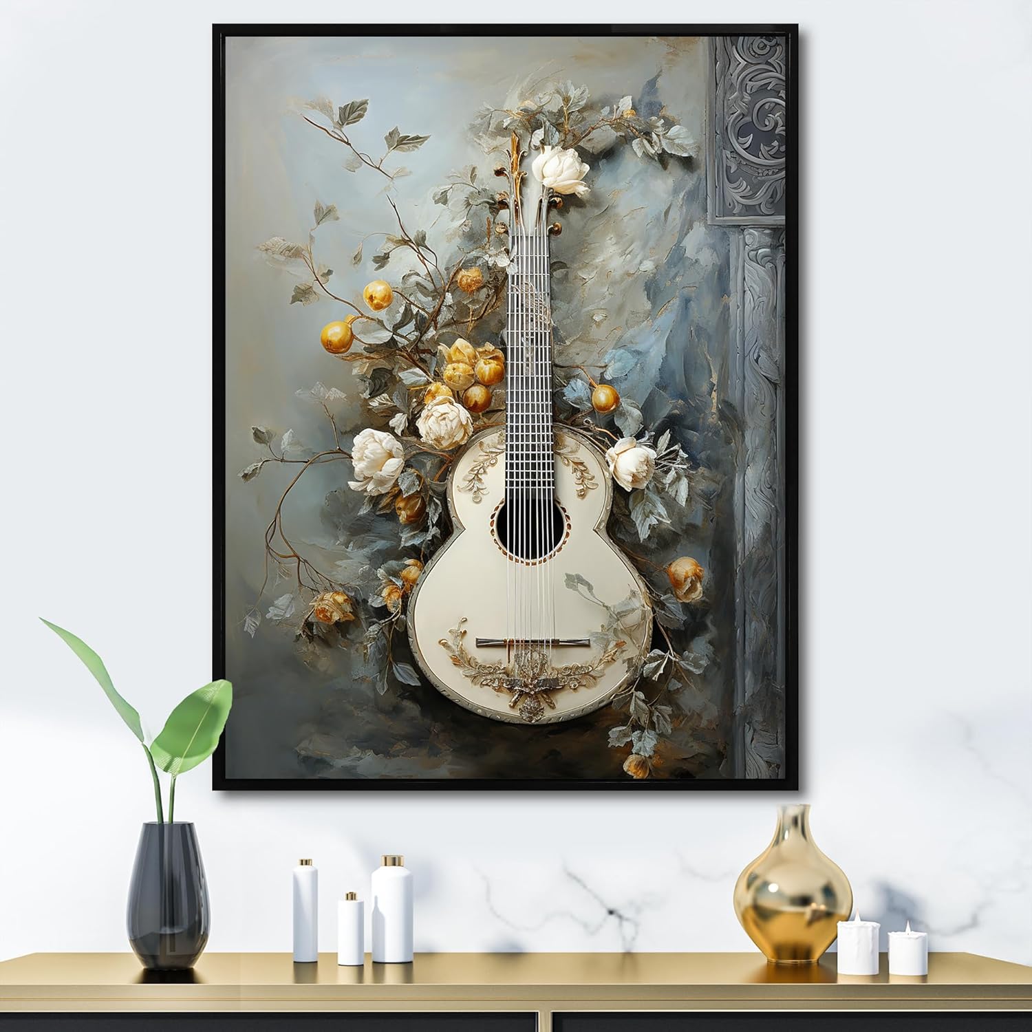 DesignQ Music Wall Art, Grecian Gray Bouzouki Brilliance, music Black Framed Wall art decor, grey Canvas wall art, 34x44 inches