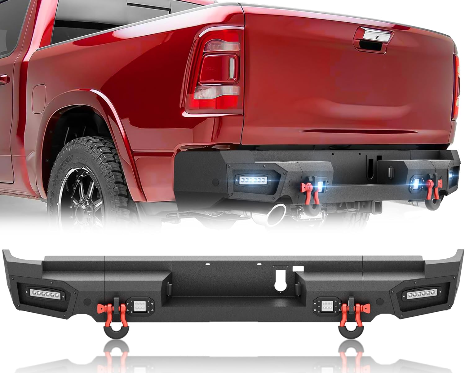 Rear Step Bumper Compatible with 2019-2025 Dodge Ram 1500 (Excluding Ram 1500 Classic) Pickup Truck Bumper with 4 x 18W LED Lights, License Plate Lights, Paintable Armor, Sensor Holes & D-rings