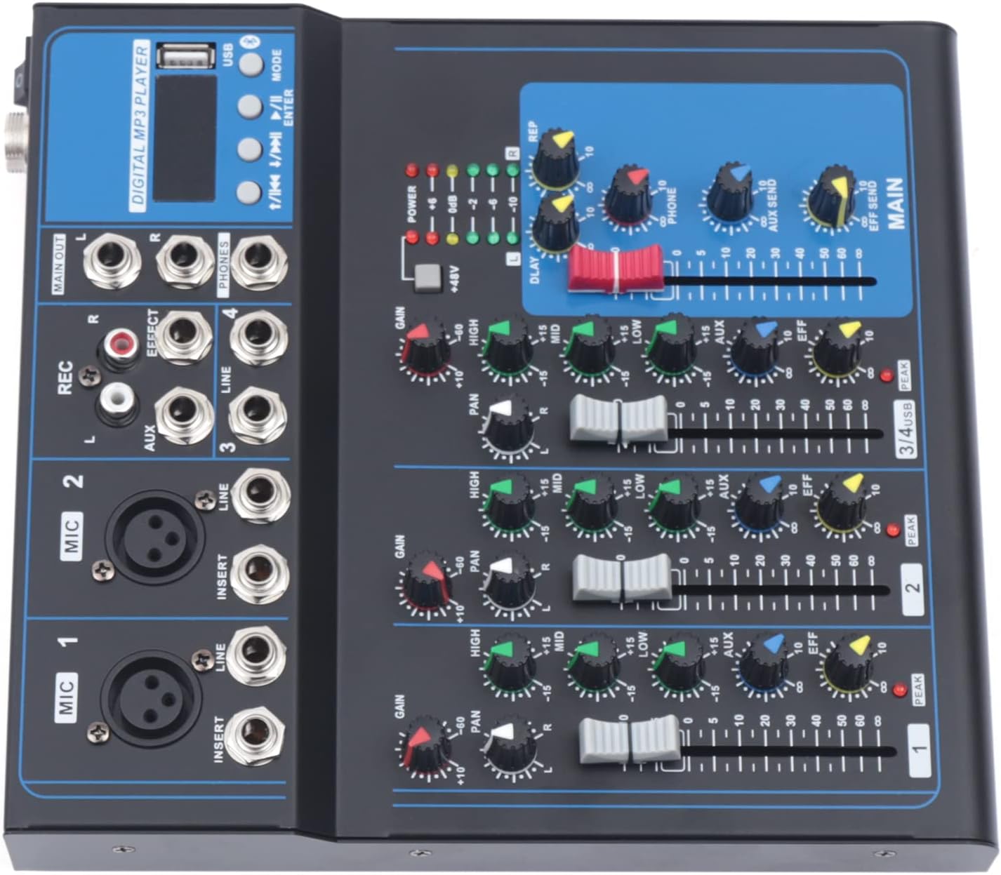 4 Channel Professional Wireless DJ Audio Mixer, USB Bluetooth Audio Stereo Speaker Home Audio Receiver Effects, 48V phantom Power for Home Theater System, Karaoke, Streaming