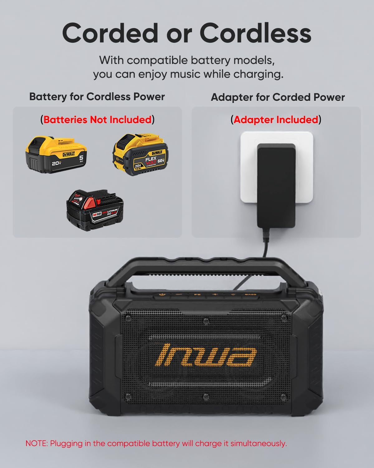 Inwa Portable Bluetooth Speakers Compatible with DeWalt 20V/FLEXVOLT & Milwaukee M18 Battery, 60W Outdoor Jobsite Wireless Speakers, Loud Boombox with RGB Lights & Aux for Work/Workshop/Garage(Black)