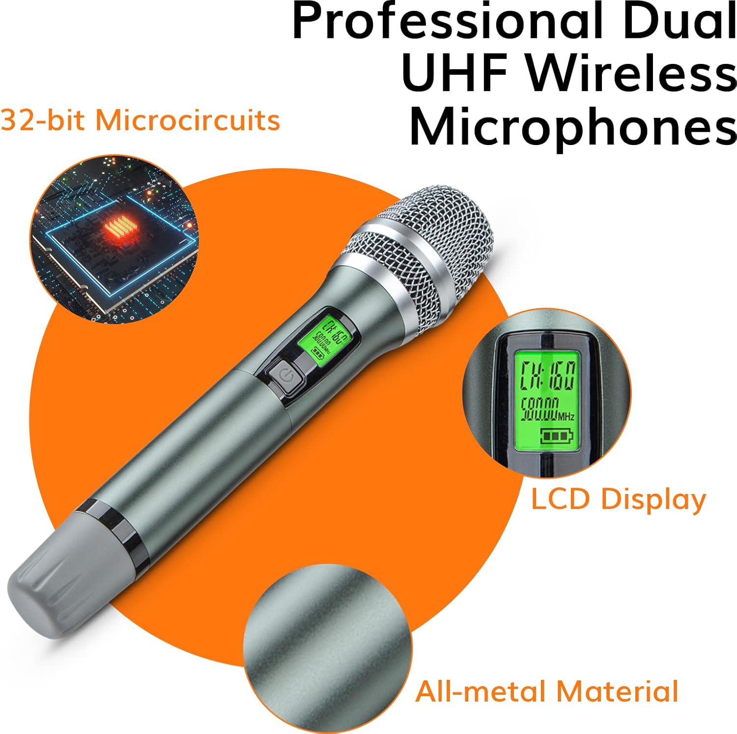 Kimyah Wireless Microphone System, All Metal Dual UHF Cordless Mics of Handheld, 328ft Range, Ideal for Church, Conference and Karaoke, DJ, Wedding(KY-8208)