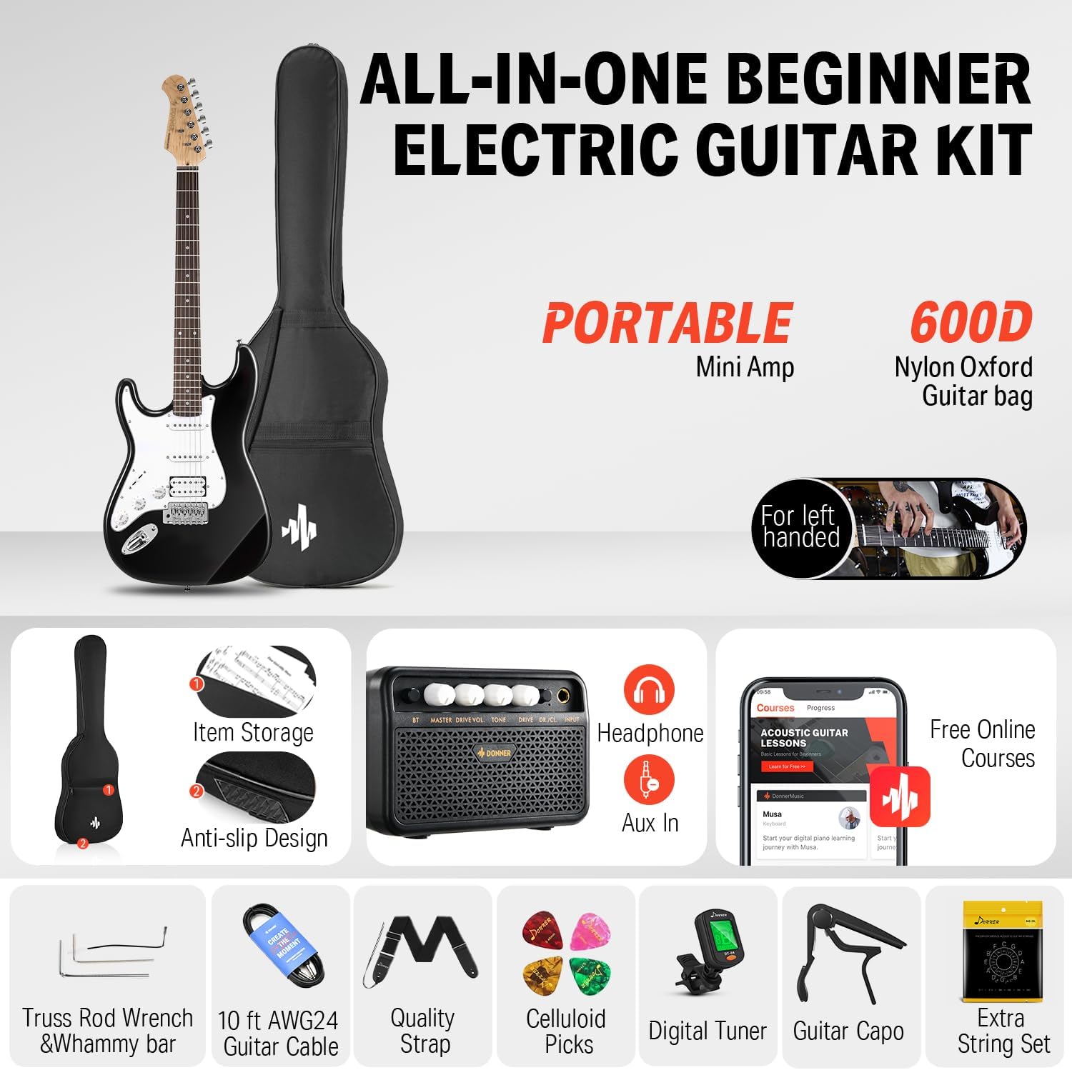 Donner 39 Inch Left-Handed Electric Guitar Kit-Distortion Guitar Pedal