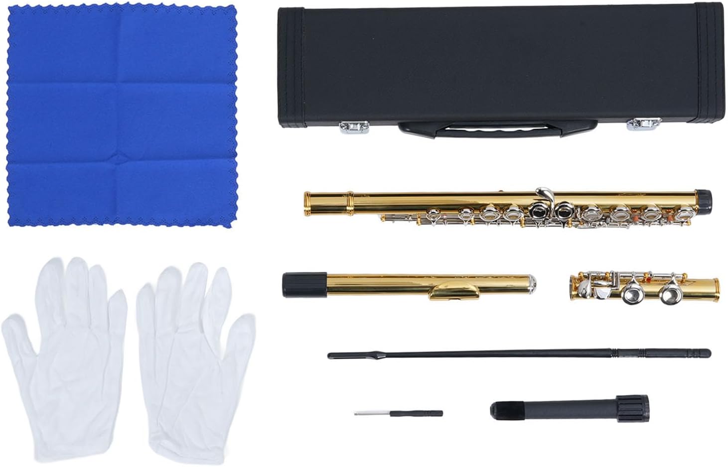 Flute C Key 16 Hole, Brass Body Student Flute Instrument with Carrying Case Tuning Rod Cloth Stand, Beginner Band Orchestra Woodwind Instrument for Kids Students Music Learning