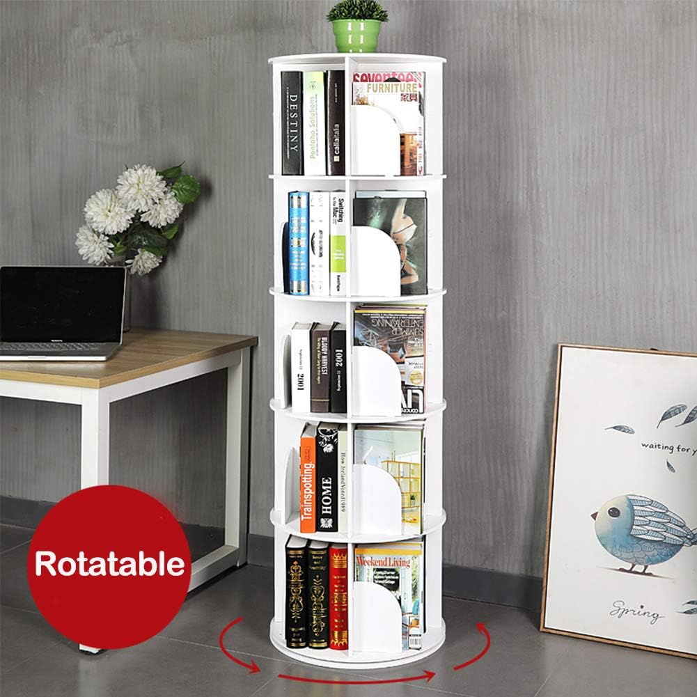 360° Rotating Bookshelf,Modern Floor-Standing Bookcases for Small Spaces, Multifunctional Display Organizer Assemble Easily(White) (46x46x65cm(18x18x26inch))