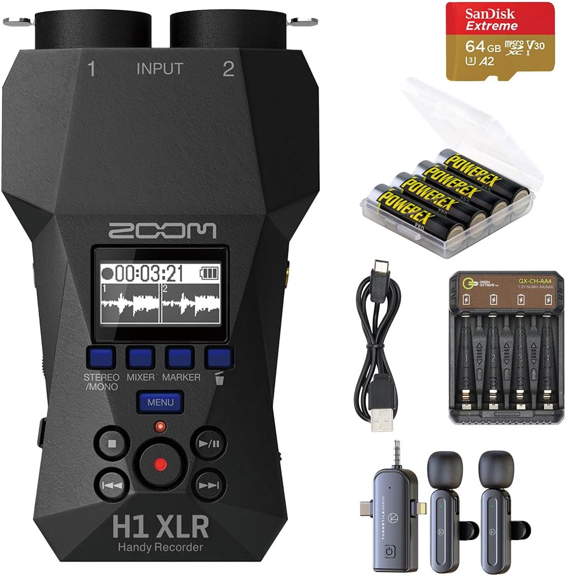 Zoom H1 XLR 32-Bit Float Handy Recorder, Bundle with 64GB UHS-I microSDXC Memory Card with SD Adapter, Wireless Lavalier Mic, 4x AA NiMH Batteries, and 4-Bay Charger