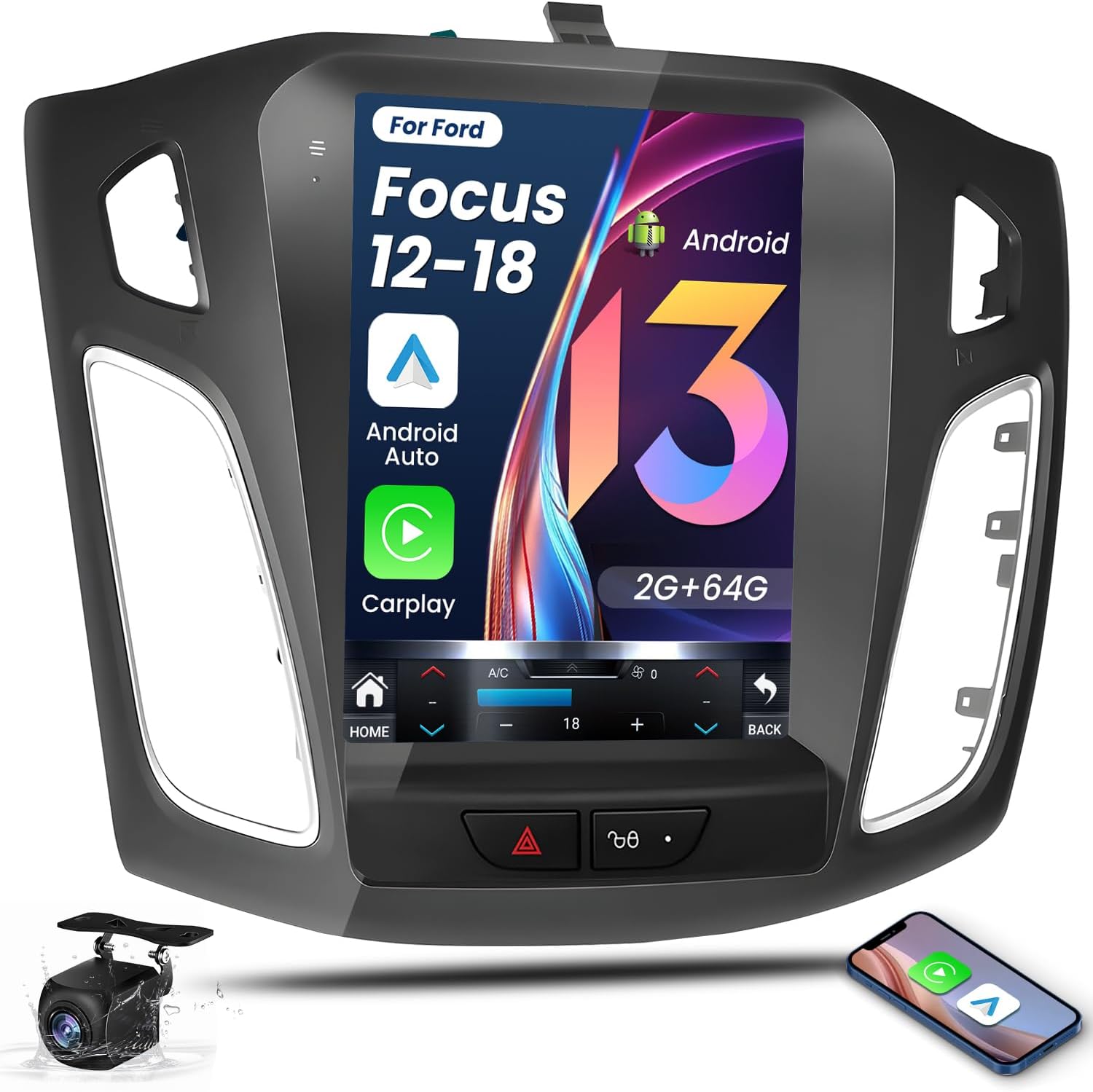 Upgrade（2+64G） 1024 * 768 HD 10.4 inches 5GWiFi Android12 Car Stereo Radio for Ford Focus 2012-2018 Wireless CarPlay & Andriod Auto 32EQ Support DSP/FM&Mirror Link/Rear 1080P/with SWC