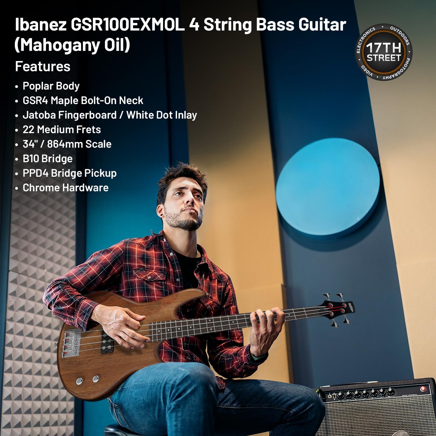 Ibanez GSR100EXMOL Electric Bass Guitar (Mahogany Oil) - Right Handed Poplar Body Bass with GSF50 Powerpad Strap, 15 Pack Guitar Picks with Storage Box & Microfiber Cleaning Cloth (Bundle Set)