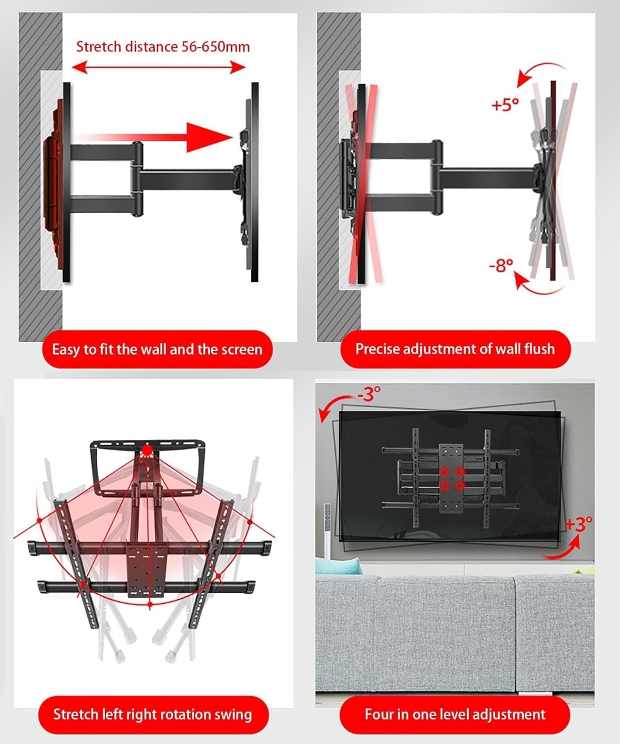 TV Bracket Articulated TV Wall Mount - TV Wall Mount - for 55-90 Inch Flat Curved LED LCD Screens, Tilting and Rotating Support, 800x600mm(