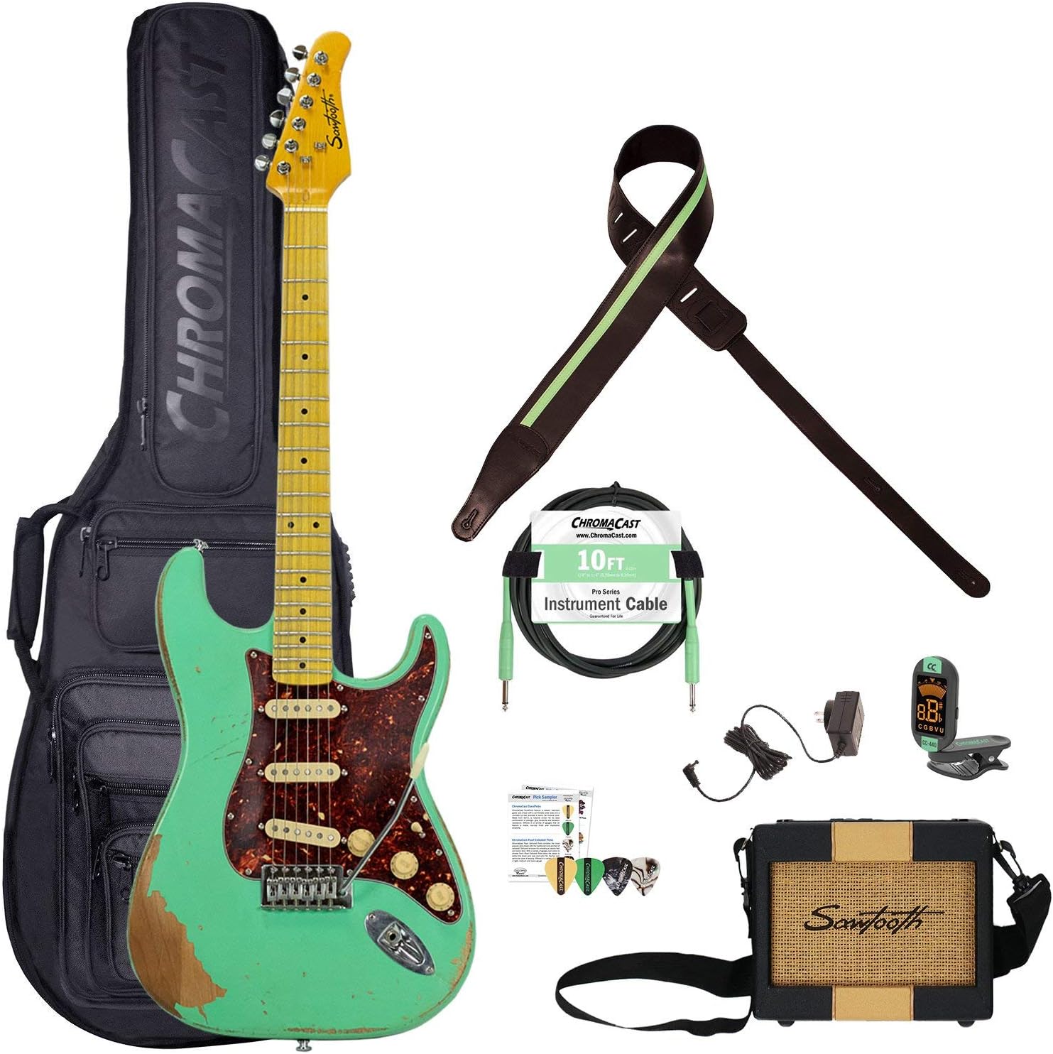 Sawtooth ES Relic Electric Guitar, Surf Green Retro Pack