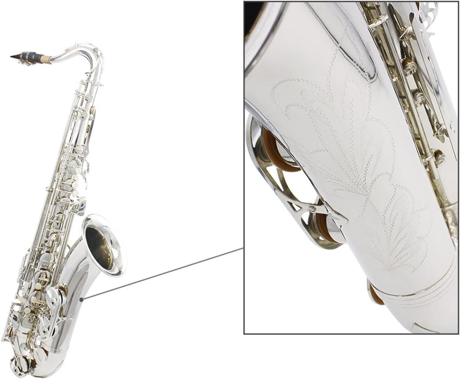 TSTS Bb Tenor Saxophone Brass Body Electrophoresis Gold Woodwind Instrument Brass Sax Full Kit (Color : Silver)