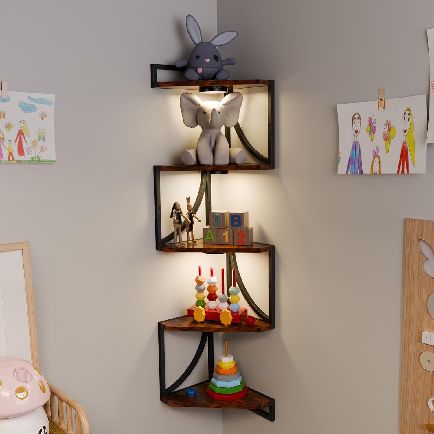 HAAYOT Corner Shelf Wall Mounted with Lights, 5-Tier Floating Metal Shelves for Living Room, Bedroom, Rustic Brown