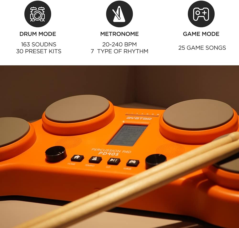 PD405 Electronic Drum Set 4 Velocity Sensitive Electric Drum Pads With 163 Sounds, Built-in Speaker, Pedals, Drum Sticks, Christmas Gift