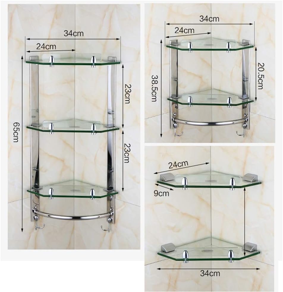Glass Corner Shelf Bathroom Storage Rack with Towel Holder Bar Stainless Steel Wall Mount Shower Caddy Basket(B)