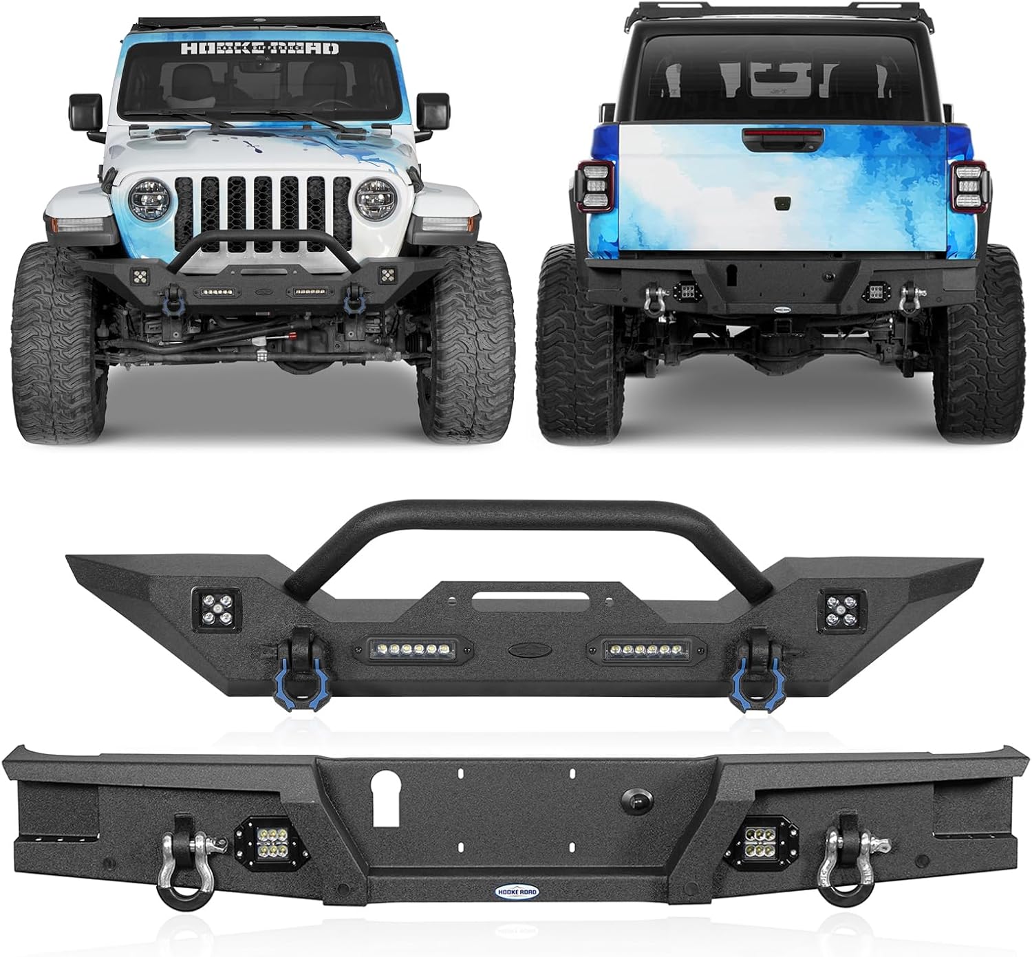 Hooke Road Gladiator Front Winch Bumper + Rear Bumper Kit for Jeep Gladiator JT 2020 2021 2022 2023 2024 2025 Pickup - Offroad Heavy Duty Steel Bumpers with Bull Bar, D-rings & LED Lights
