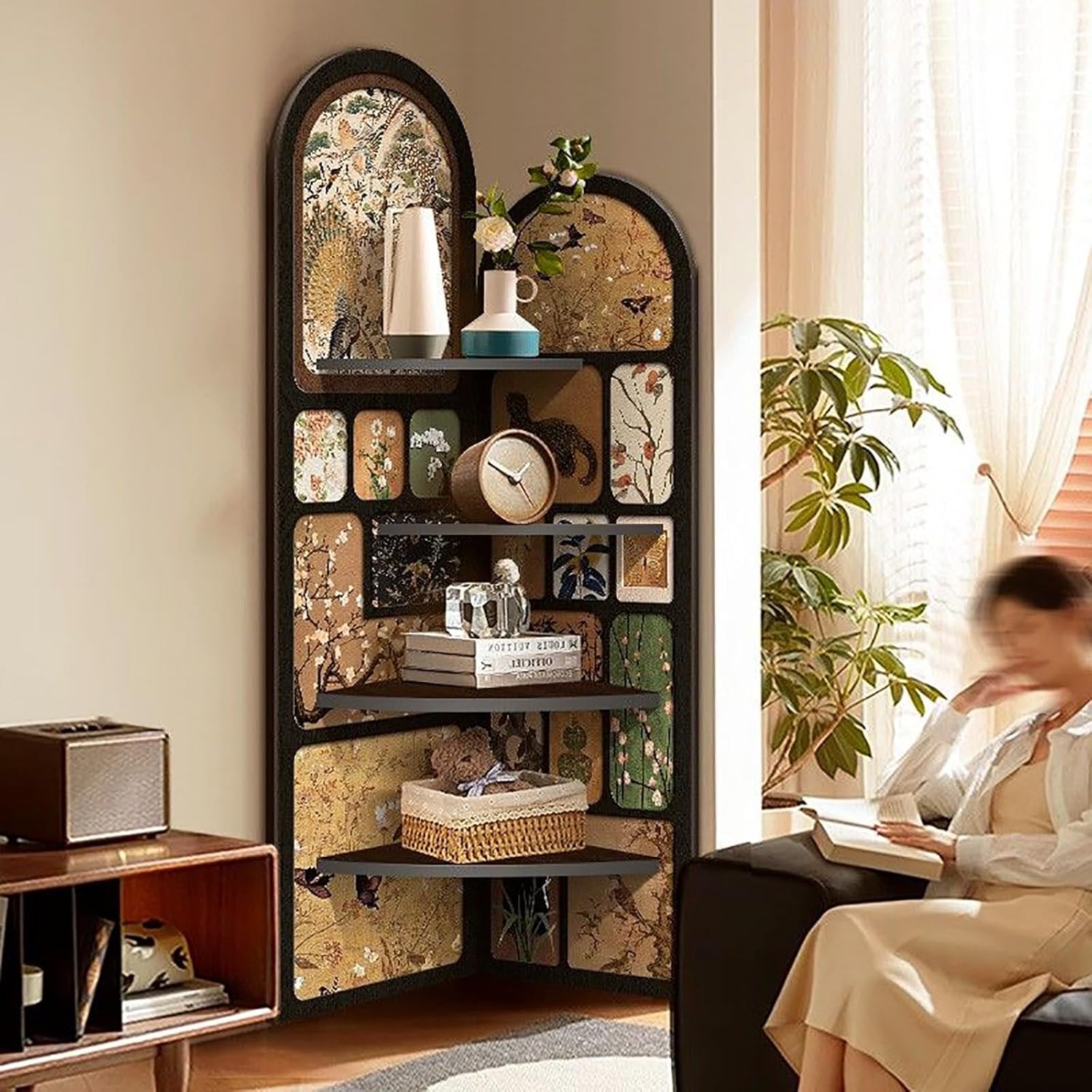 4 Tier Corner Bookshelf Etagere Bookcase, Decorative Storage Freestanding Display Shelf Stand, Floor Standing Rack, for Home Office, Living Room, Bedroom(Black 2,40cm/15.7in)