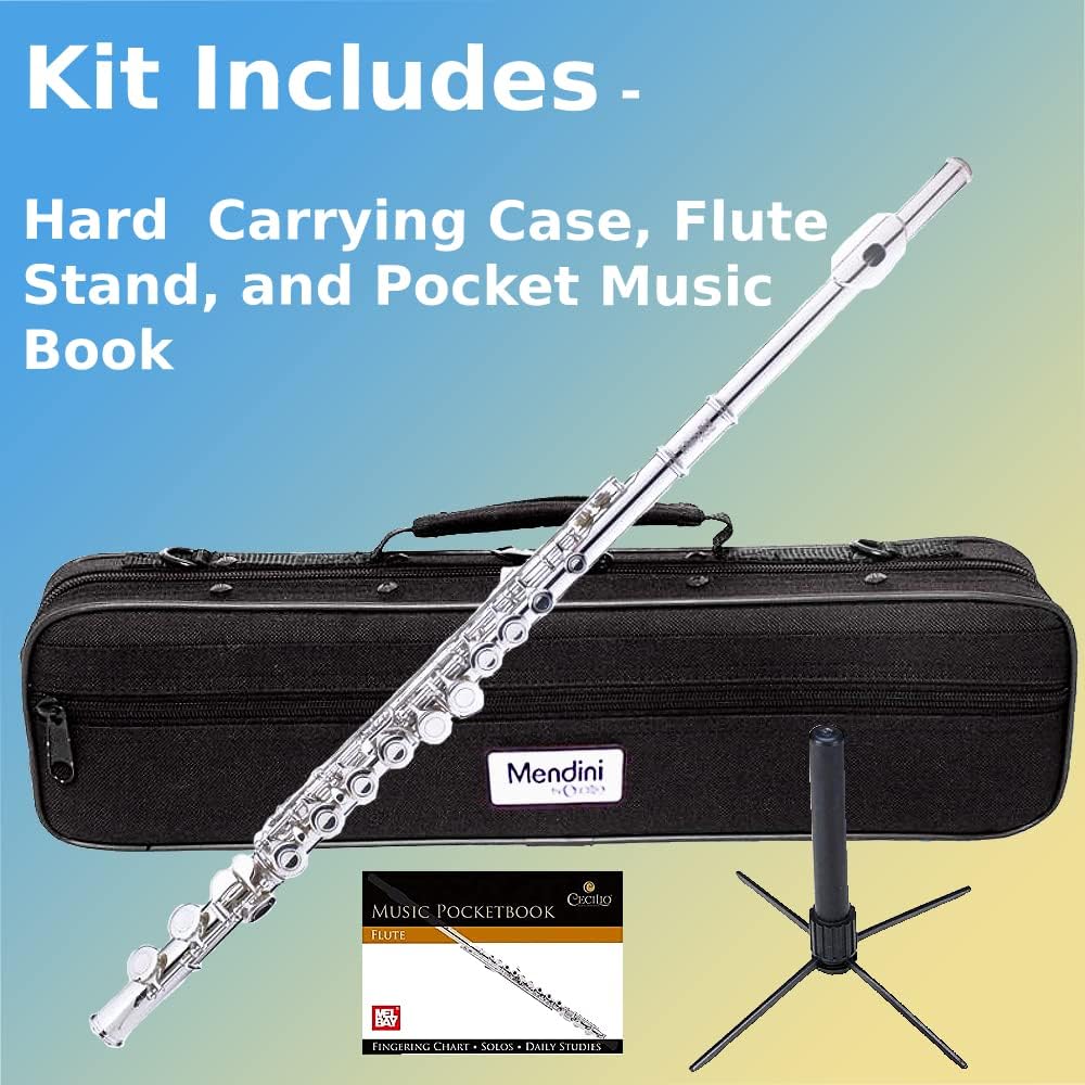 Mendini By Cecilio Flute, 16 Keys C Flute Instrument Closed Hole For Beginners with Carrying Case, Cork Grease, Stand, Lesson Book, Cleaning Kit, Gloves (Nickel)