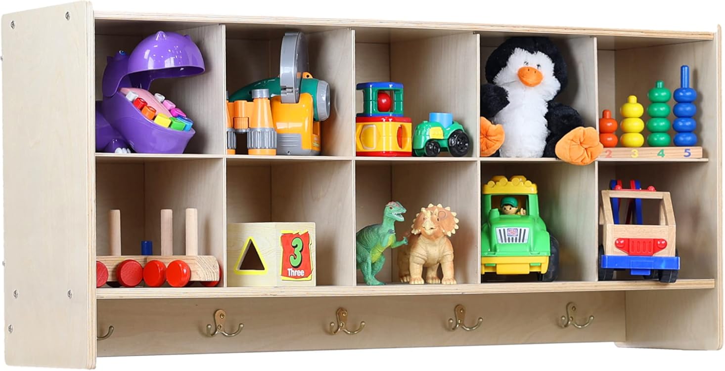 Cubby Storage Organizer Cubes, 10 Cubbies with Coat Hooks, Hanging Wall Cubby Shelf for Kids Toys, Daycare, Classroom, 47-inch Width