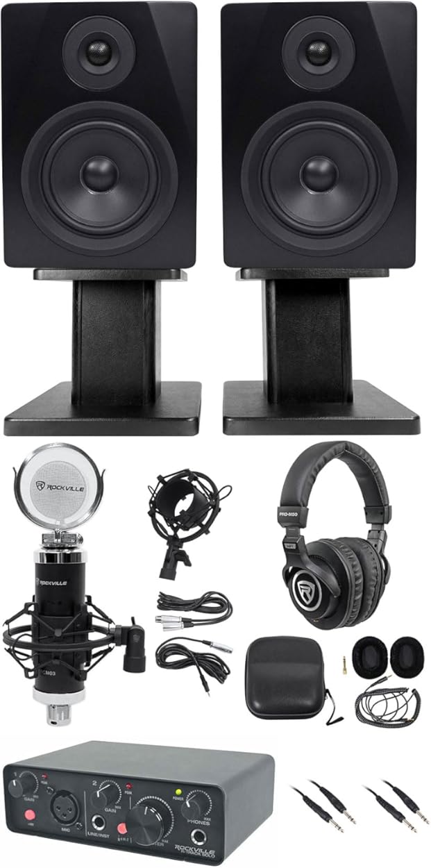 Rockville Bundle: Rockville R-TRACK SOLO Audio Interface Bundle with (2) Rockville Monitor Speakers & Condenser Microphone & Headphones & (2) Monitor Stands & (2) Rockville TRS Cable (9 Items)