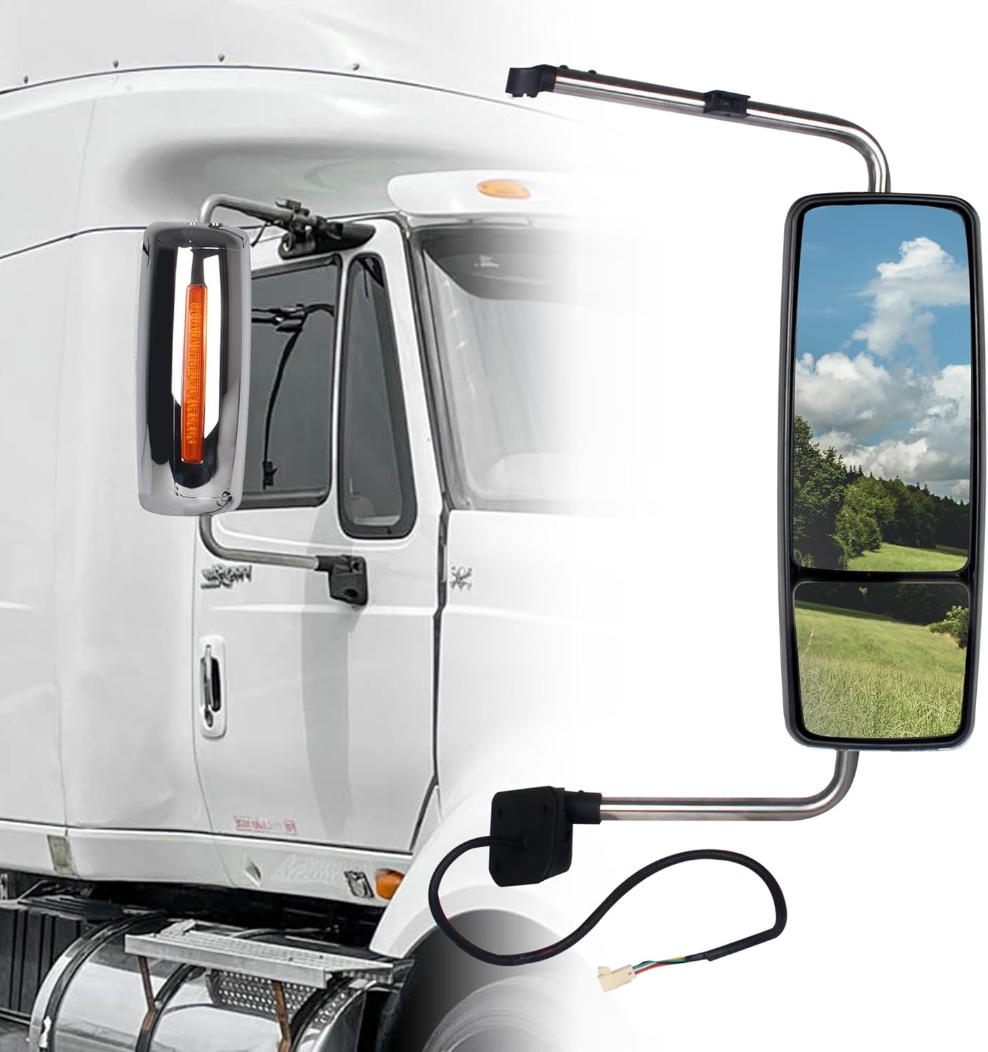 Door Mirror with Arm Replacement for 2002-2018 International Prostar,International Prostar Truck Accessories,Motorized with Heater,Chrome,Passenger/Right Side