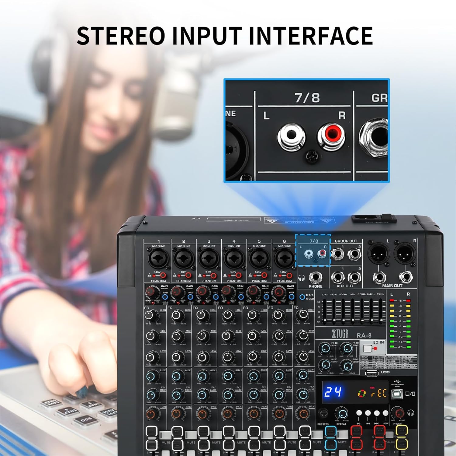 XTUGA RA8 Professional 8 Channel DJ Mixer 24 DSP Effects Mono and Stereo Sound Input EQ 7-band EQ Bluetooth with Indepandent Group Effect Mute USB Audio Interface for PC smartphone…