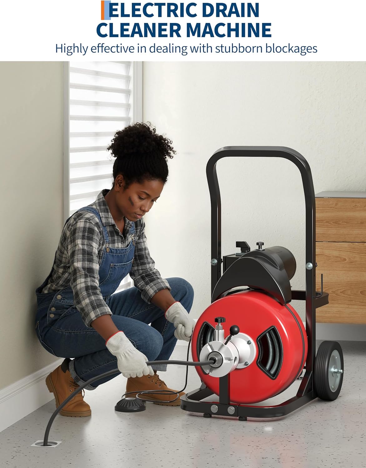 Drain Cleaner Machine 100FT x 1/2 Inch Steel Core Cable Portable 370W Electric Drain Cleaning Machine With Sewer Auger, Cutter, Air-activated Foot Switch, Wheels for Commercial, Home