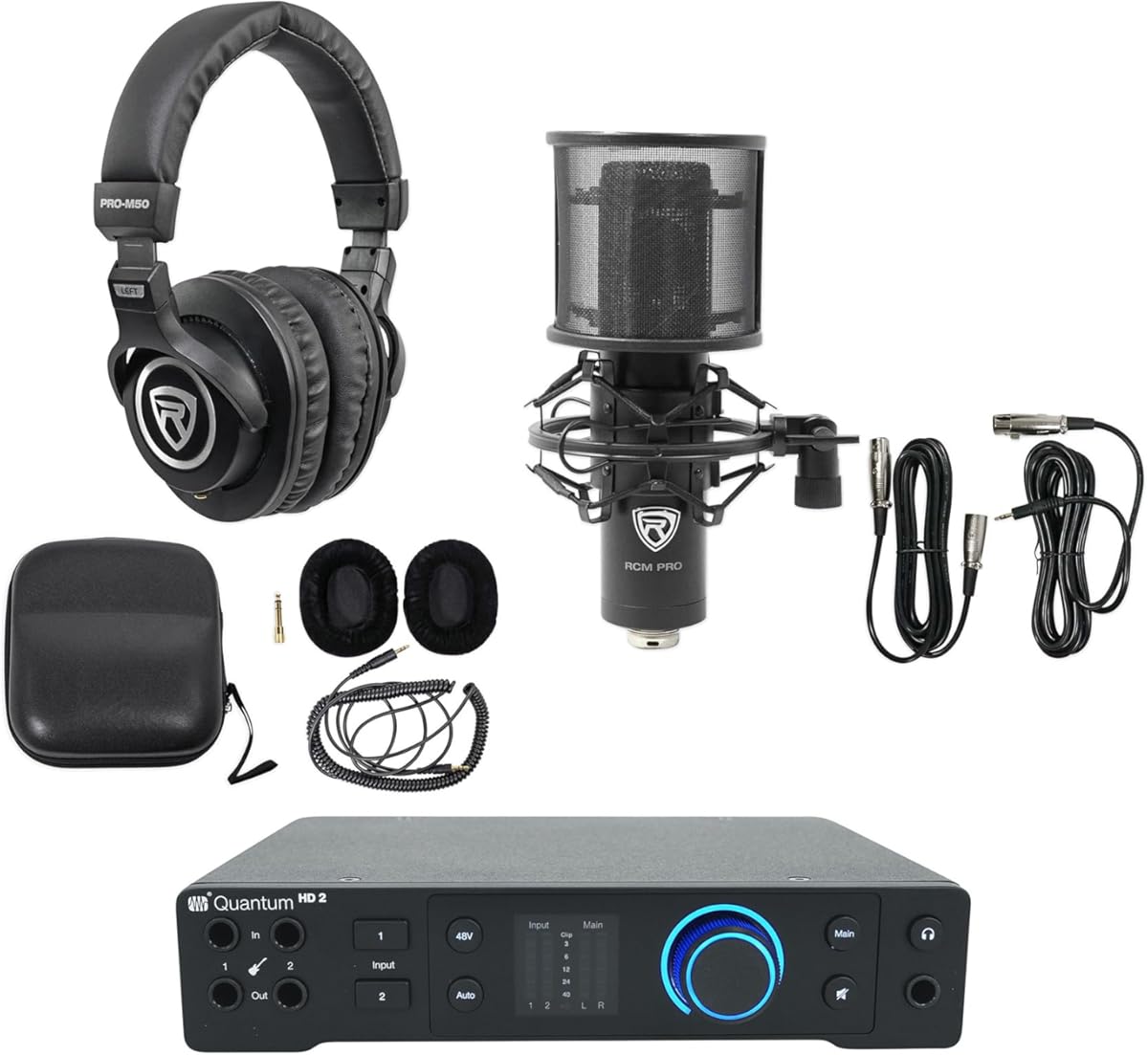 Audiosavings Bundle: (1) Presonus Quantum HD2 USB-C Audio Recording Interface Bundle with (1) Rockville RCM PRO Studio/Recording Condenser Microphone, (1) Rockville PRO-M50 Studio Headphones (3 Items)