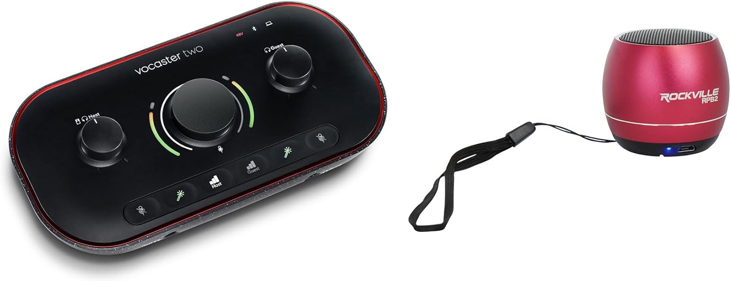 Audiosavings Bundle: Focusrite Vocaster Two USB-C Podcast Podcasting Studio Audio Recording Interface Bundle with Rockville RPB2-RED Handheld Portable Bluetooth Speaker Great Sound (2 Items)
