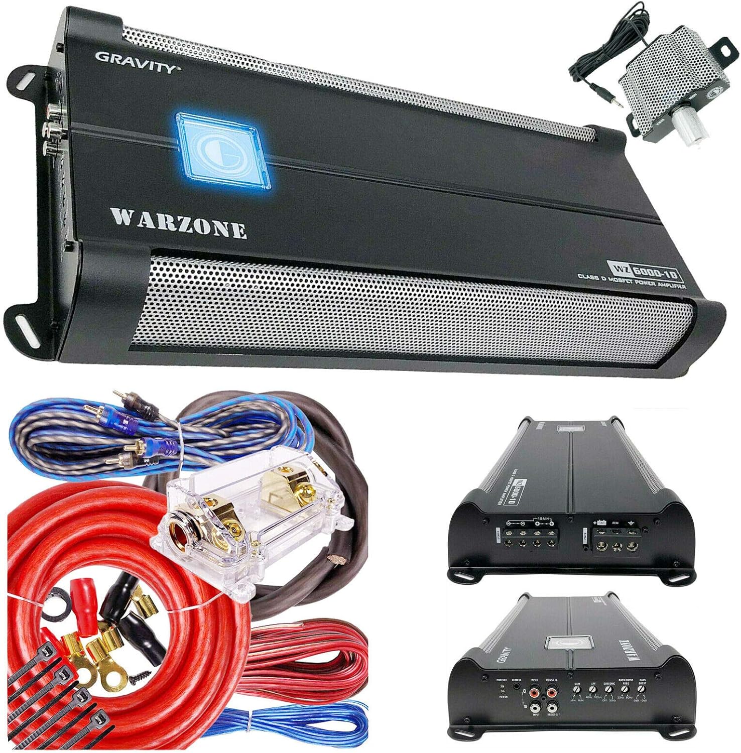 Gravity WZ6000.1D 6000 Watts Class D 1Ohm Stable Car Audio Subwoofer Bass Amplifier and Completed 5000 Watts 0 Gauge Amp Kit Amplifier Installation Wiring Kit
