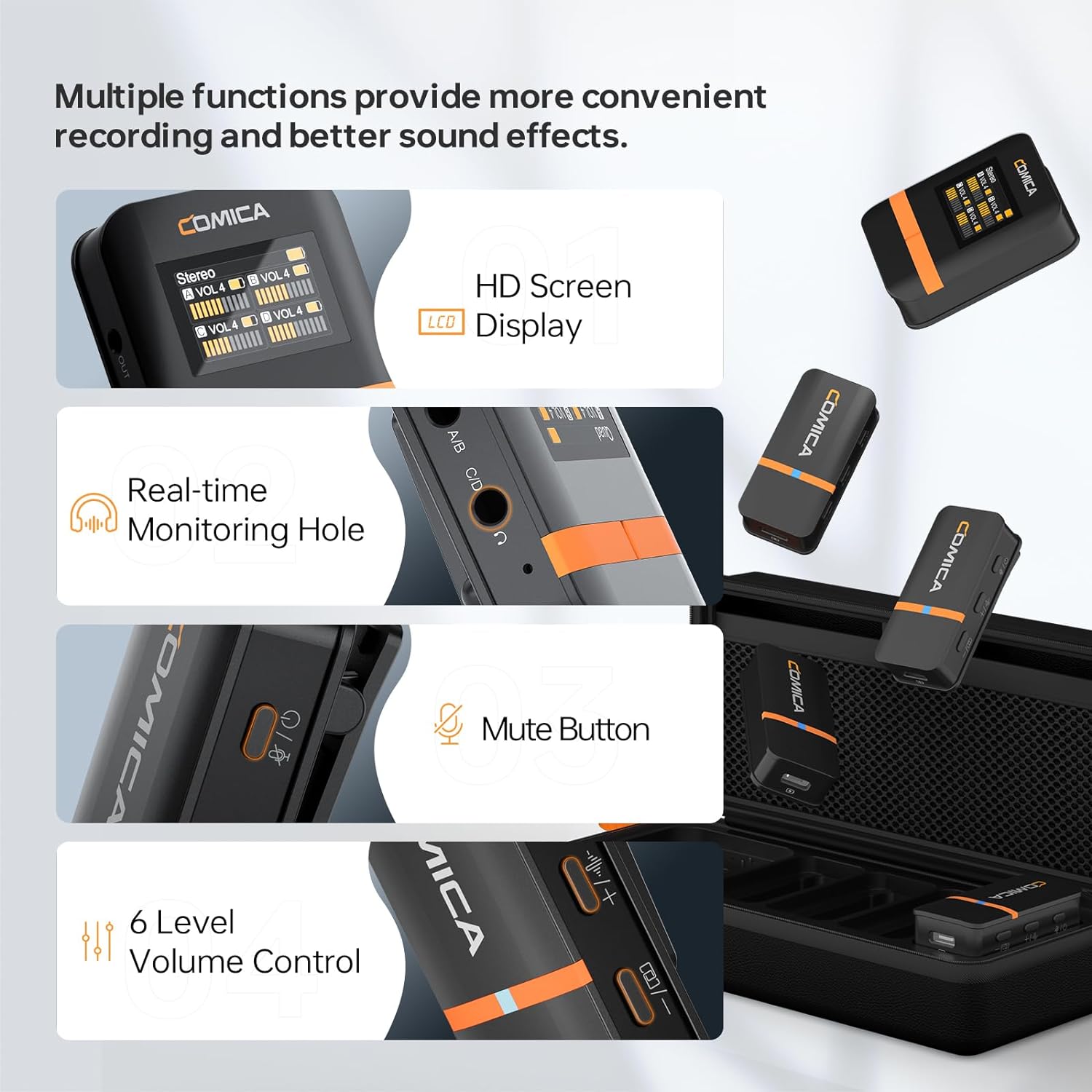 COMICA Vimo Q 4 Channel Wireless Lavalier Microphone System with Noise Reduction, 4 Audio Tracks Output, 656ft Range, Wireless Mic for Cameras iPhone Android,Wedding/Video Recording/Livestream